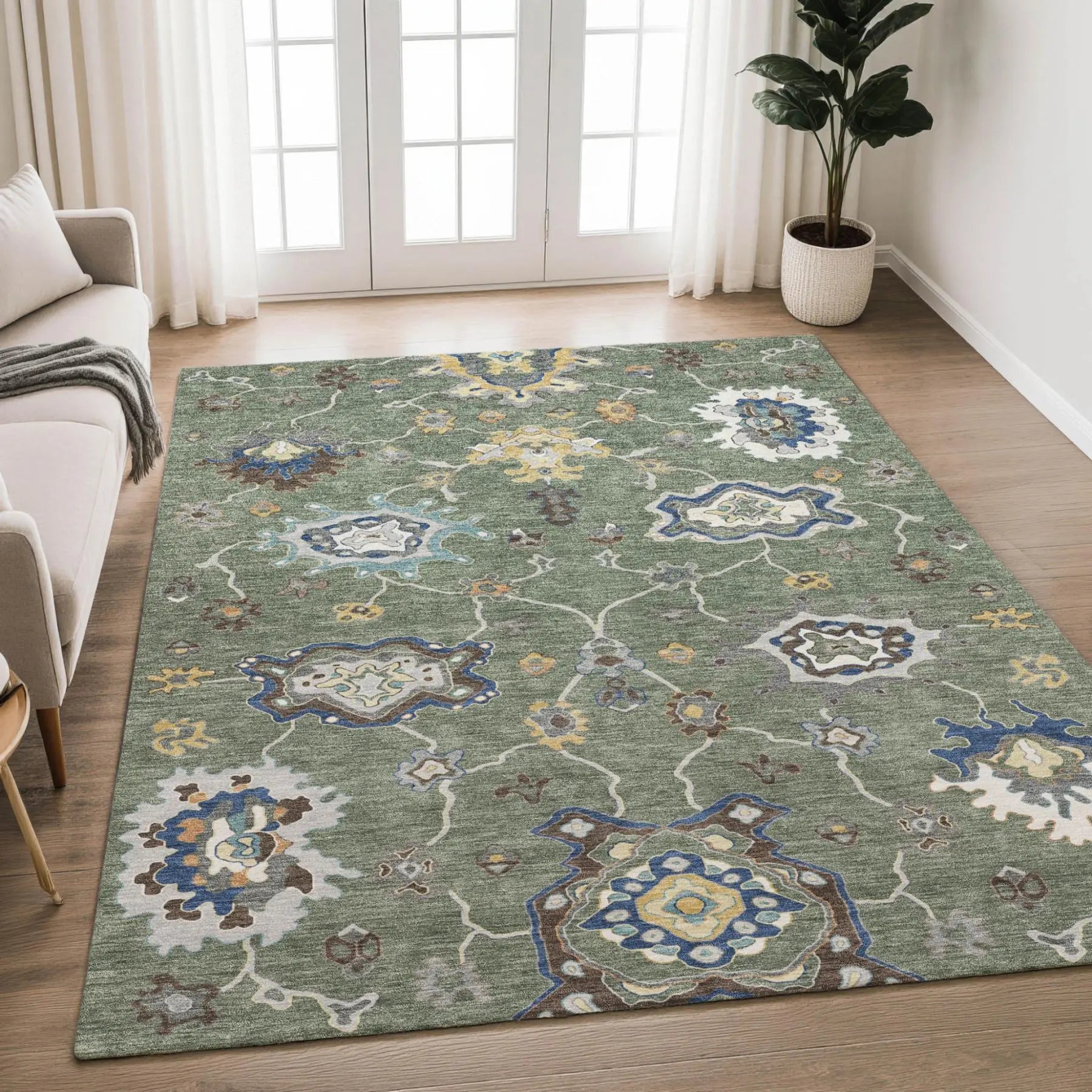 5' X 8' Green And Blue Oriental Washable Indoor Outdoor Area Rug Homeroots Outdoor