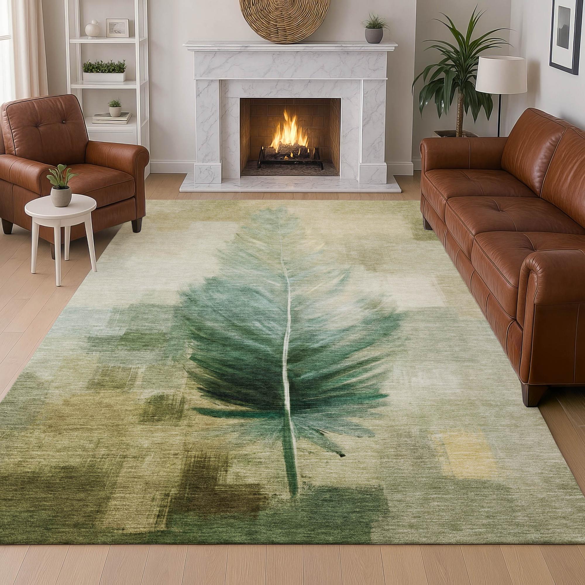 5' X 8' Green And Brown Botanical Leaves Washable Indoor Outdoor Area Rug Homeroots Outdoor