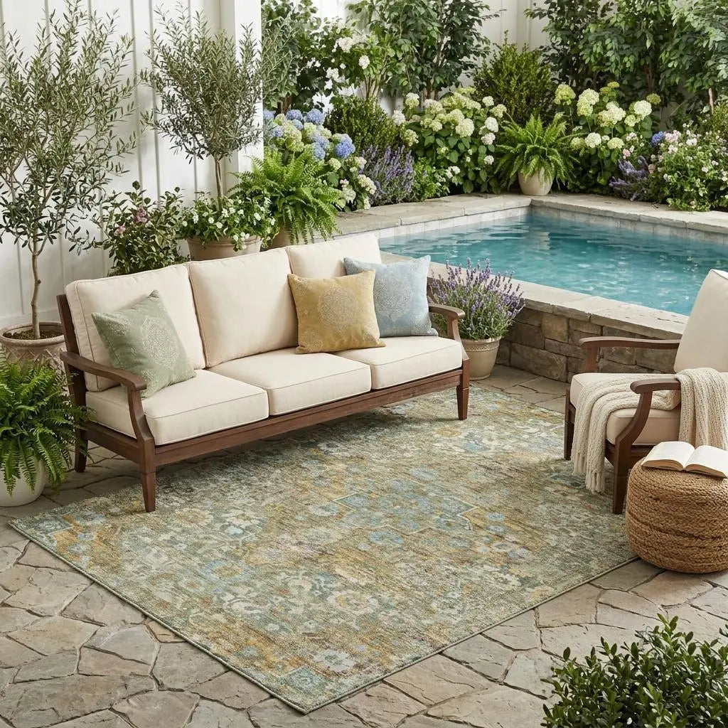 5' X 8' Green And Brown Floral Medallion Washable Indoor Outdoor Area Rug Homeroots Outdoor