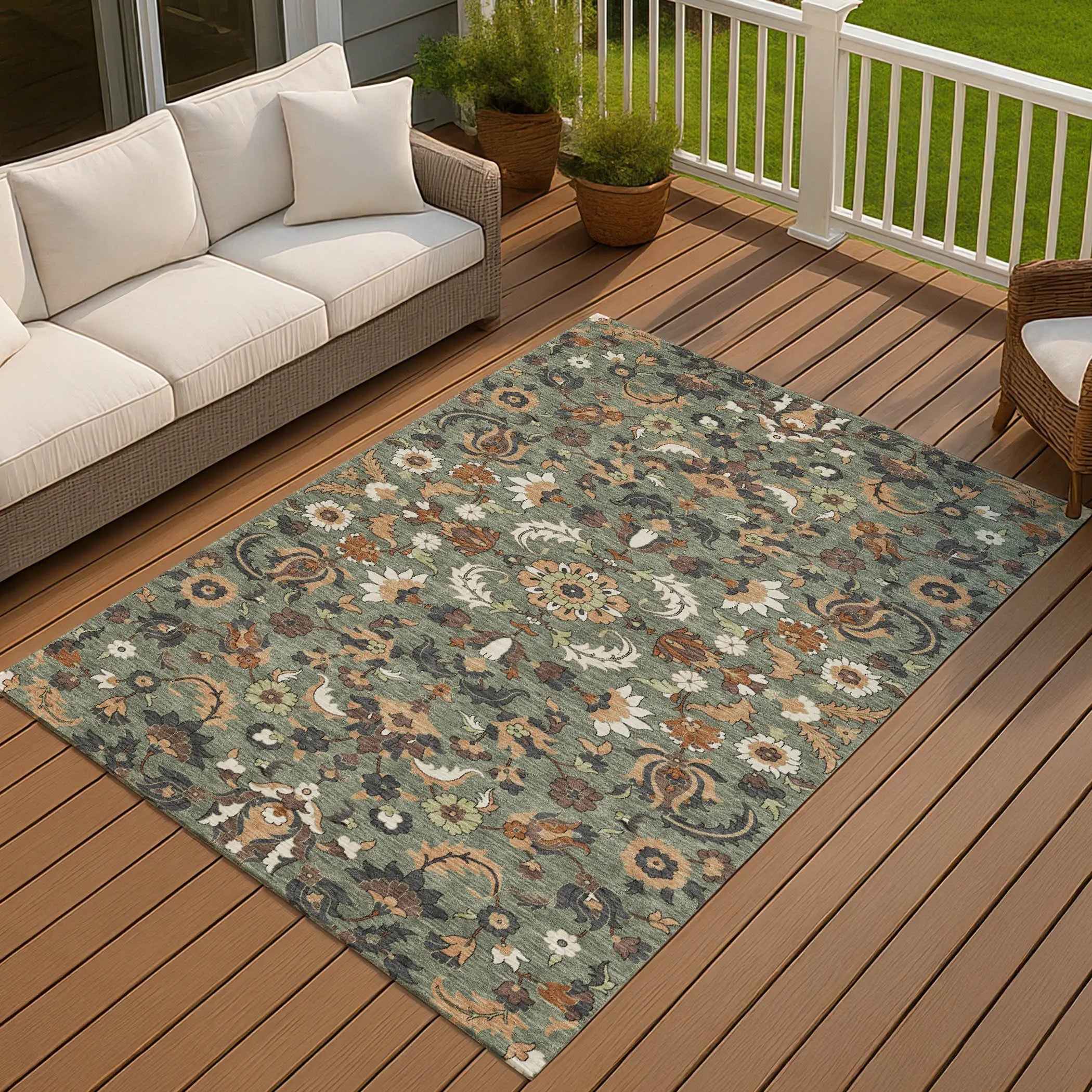 5' X 8' Green And Charcoal Floral Medallion Washable Indoor Outdoor Area Rug Homeroots Outdoor