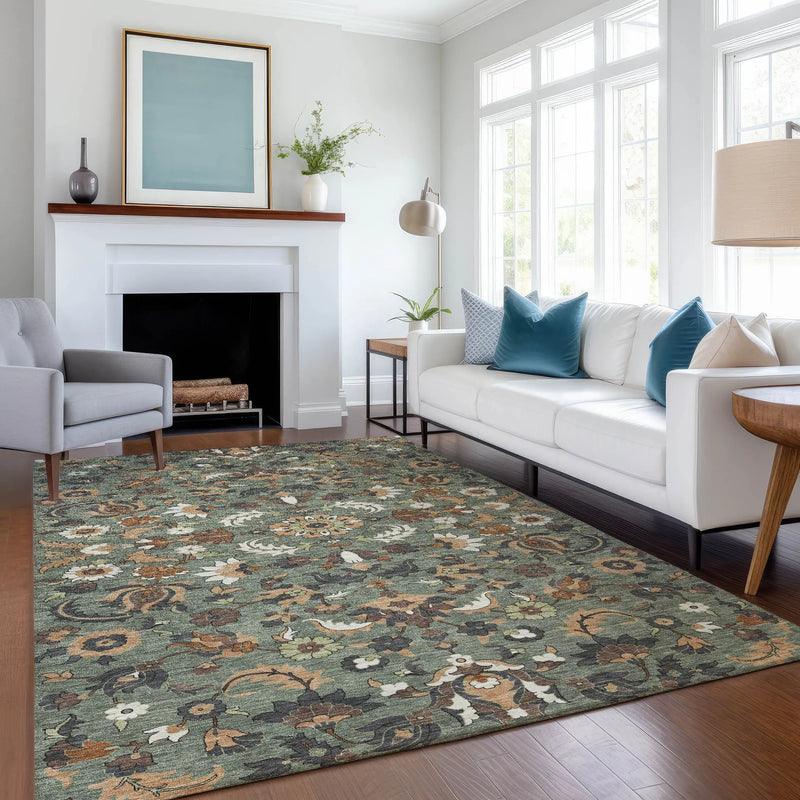 5' X 8' Green And Charcoal Floral Medallion Washable Indoor Outdoor Area Rug Homeroots Outdoor