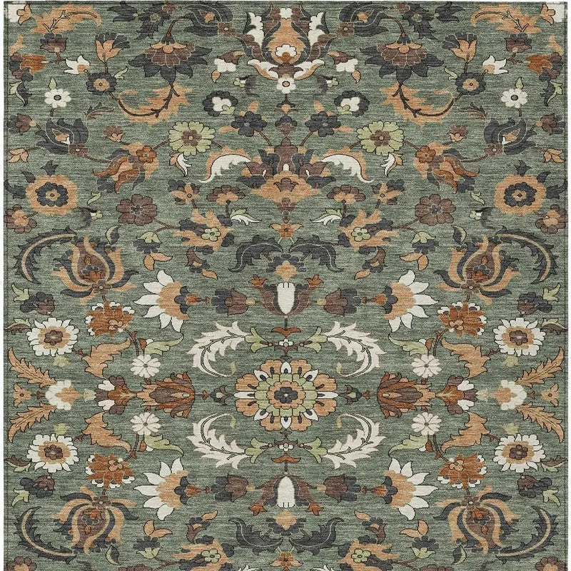 5' X 8' Green And Charcoal Floral Medallion Washable Indoor Outdoor Area Rug Homeroots Outdoor