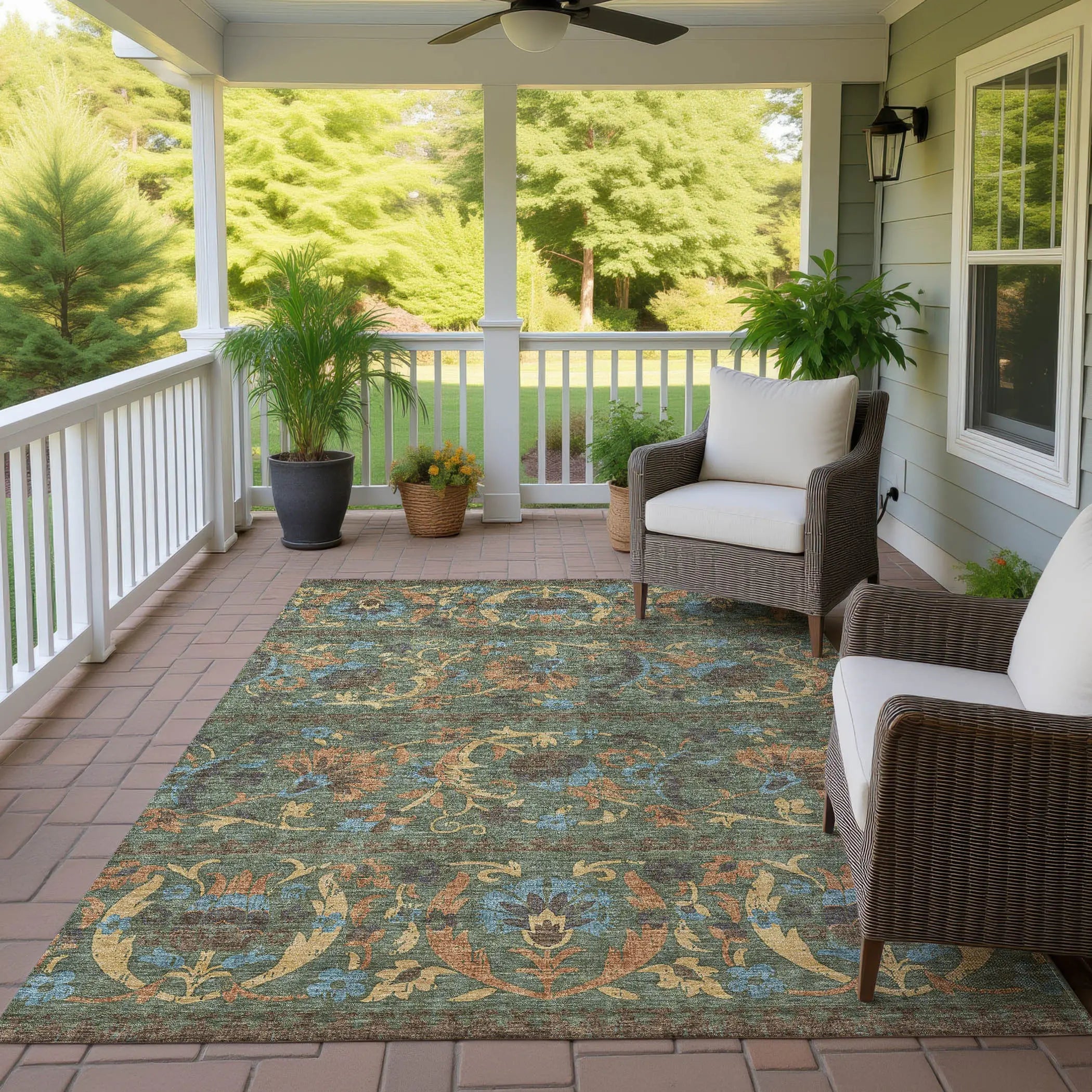 5' X 8' Green And Copper Floral Washable Indoor Outdoor Area Rug Homeroots Outdoor