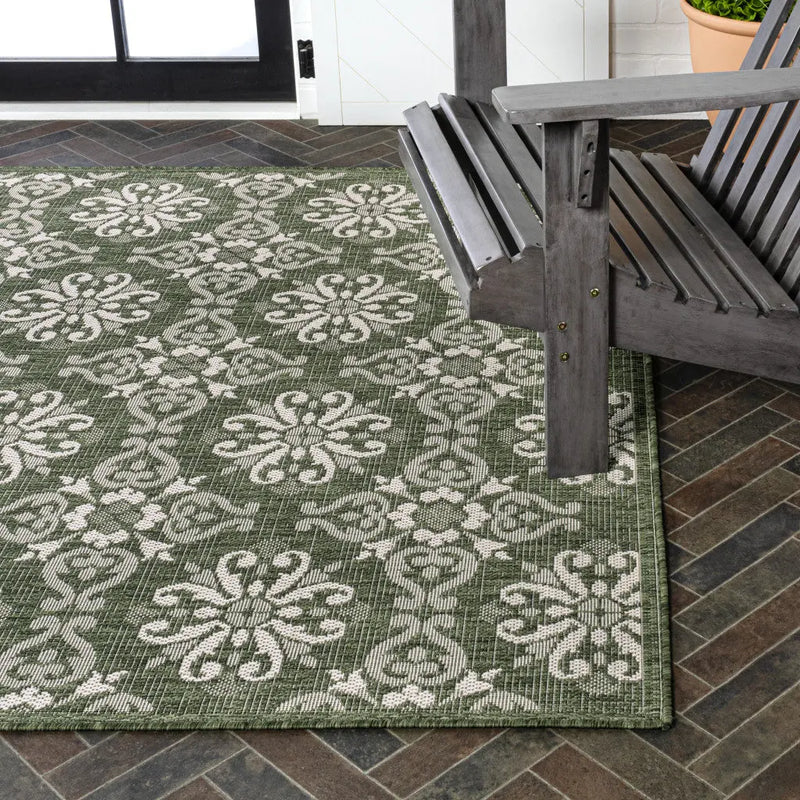 5' X 8' Green And Cream Floral Indoor Outdoor Area Rug - GreatEagleInc