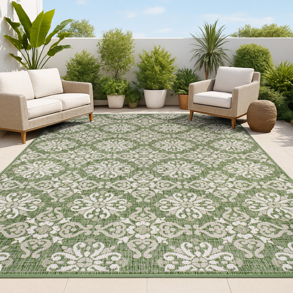 5' X 8' Green And Cream Floral Indoor Outdoor Area Rug - GreatEagleInc