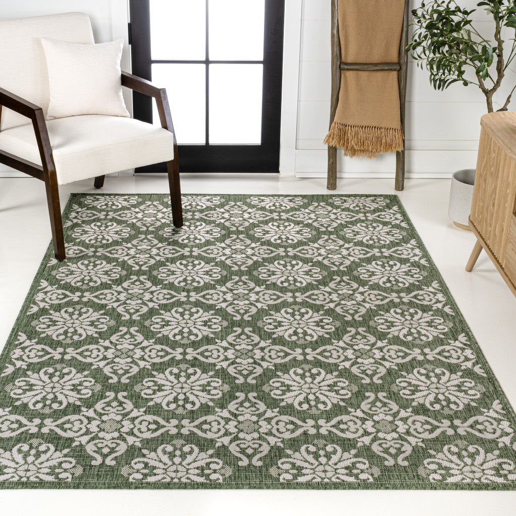 5' X 8' Green And Cream Floral Indoor Outdoor Area Rug - GreatEagleInc