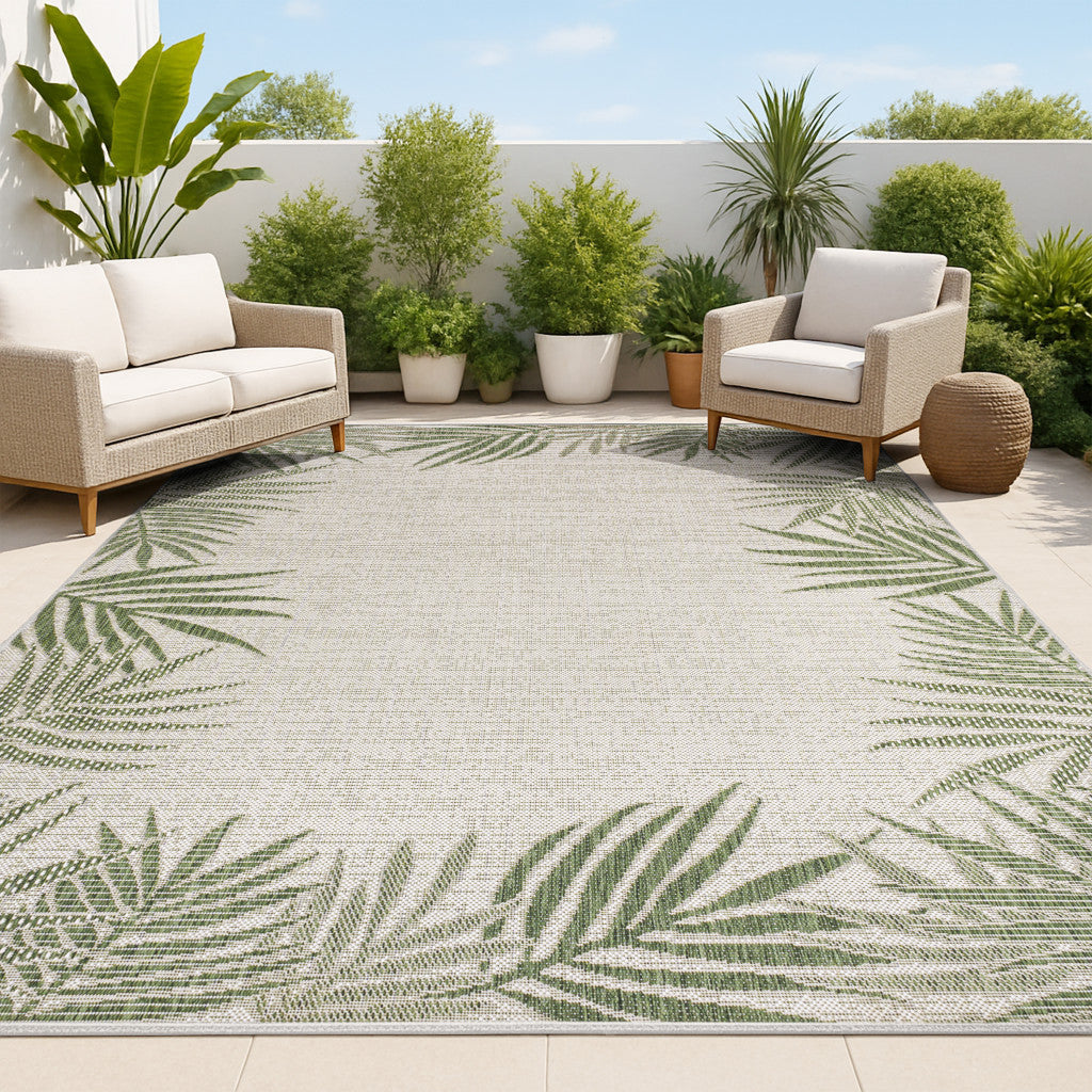 5' X 8' Green And Cream Floral Indoor Outdoor Area Rug - GreatEagleInc