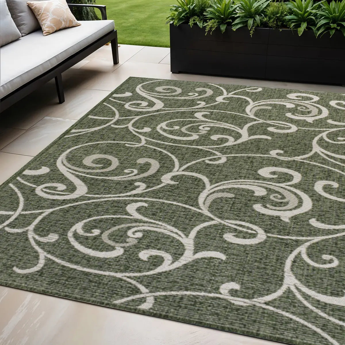 5' X 8' Green And Cream Floral Indoor Outdoor Area Rug Homeroots Outdoor