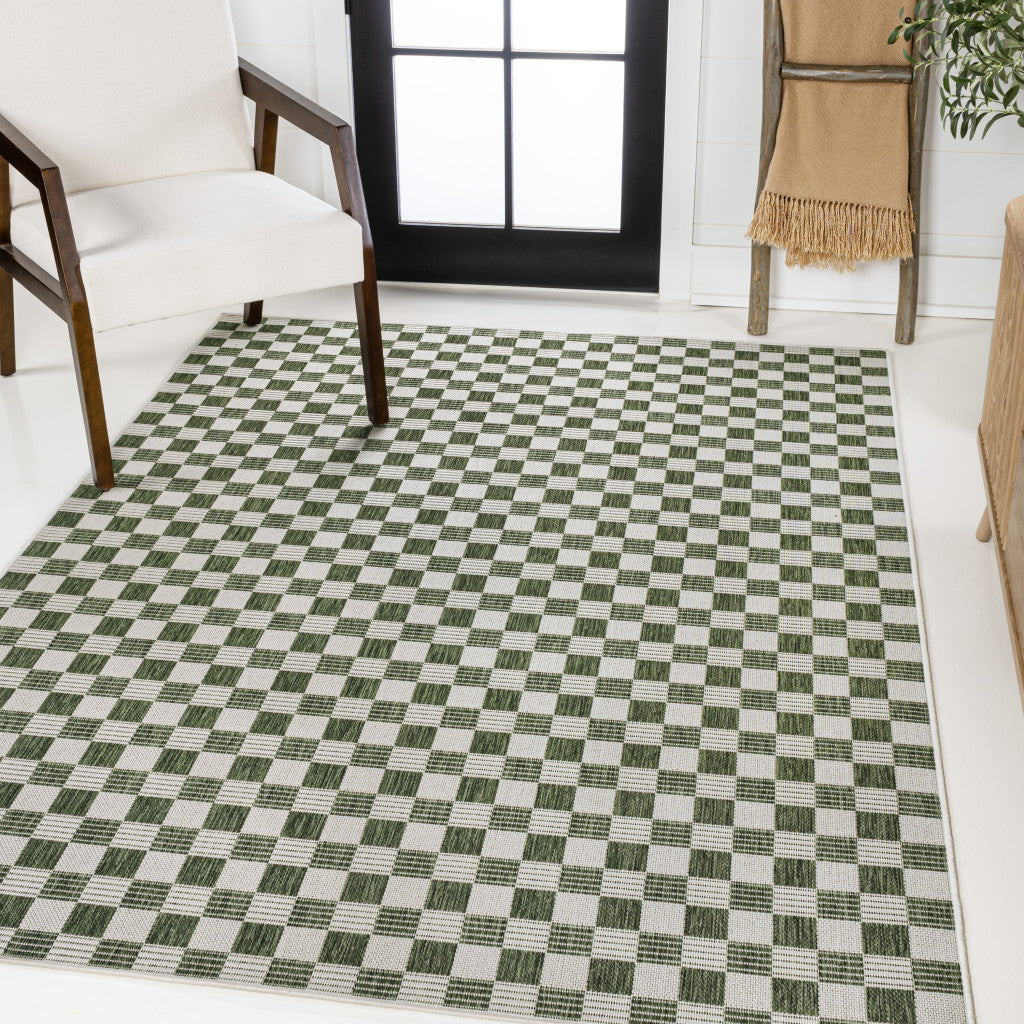 5' X 8' Green And Cream Geometric Indoor Outdoor Area Rug - GreatEagleInc