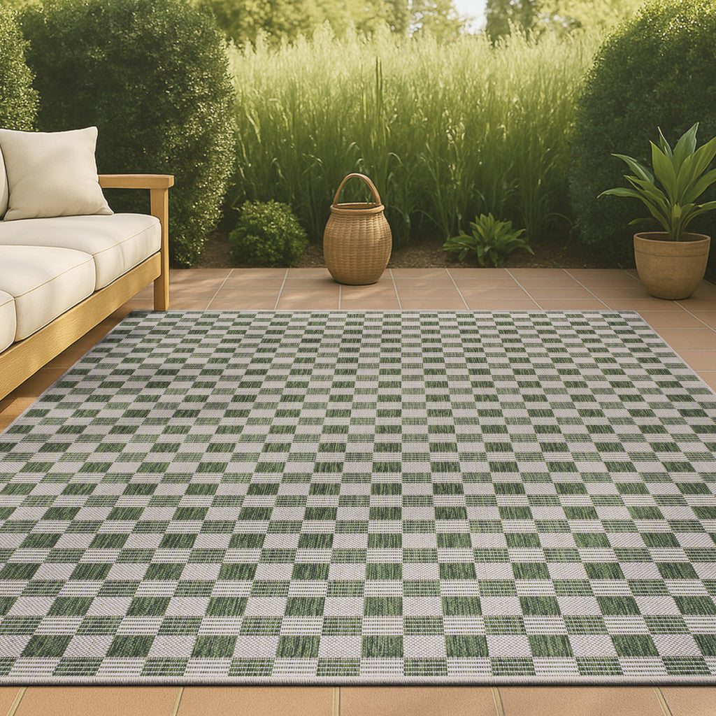 5' X 8' Green And Cream Geometric Indoor Outdoor Area Rug - GreatEagleInc