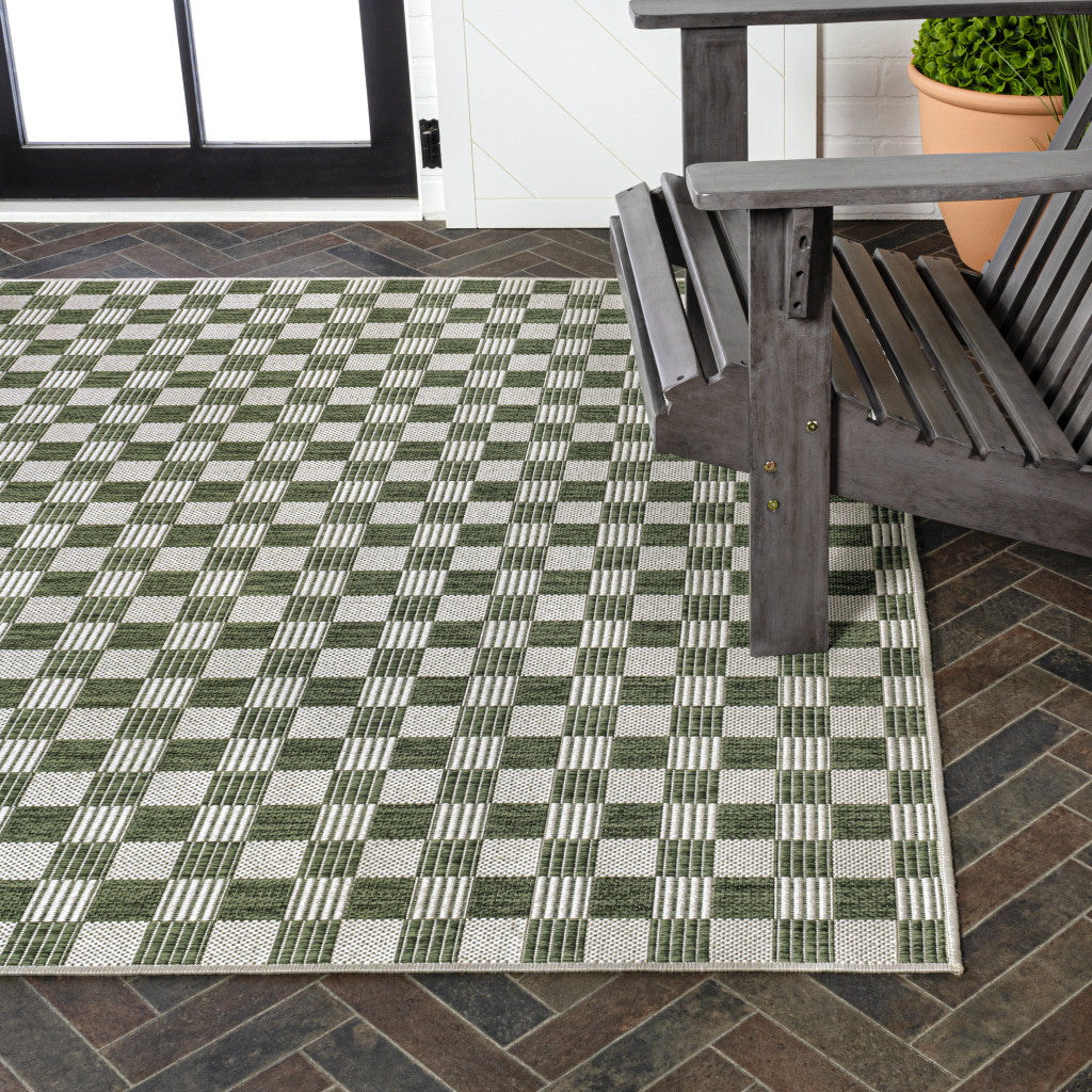 5' X 8' Green And Cream Geometric Indoor Outdoor Area Rug - GreatEagleInc
