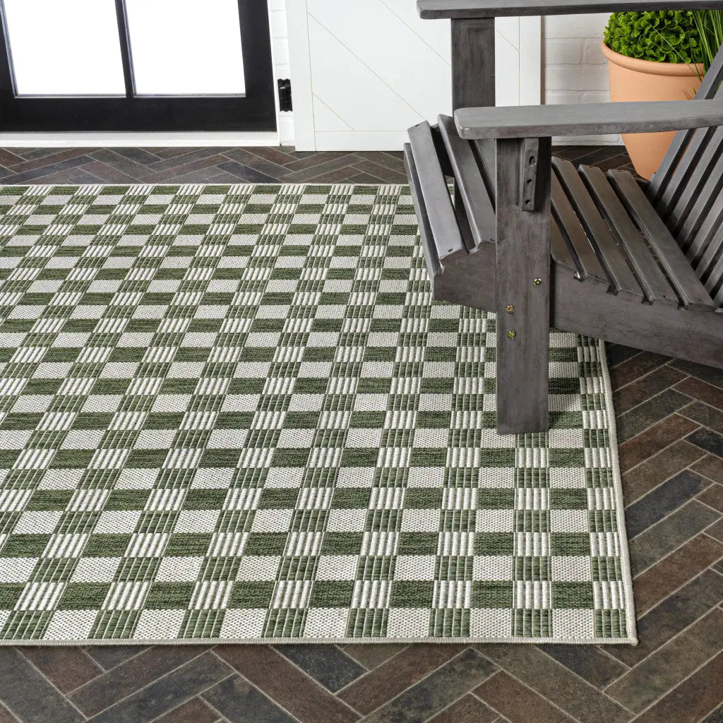 5' X 8' Green And Cream Geometric Indoor Outdoor Area Rug - GreatEagleInc