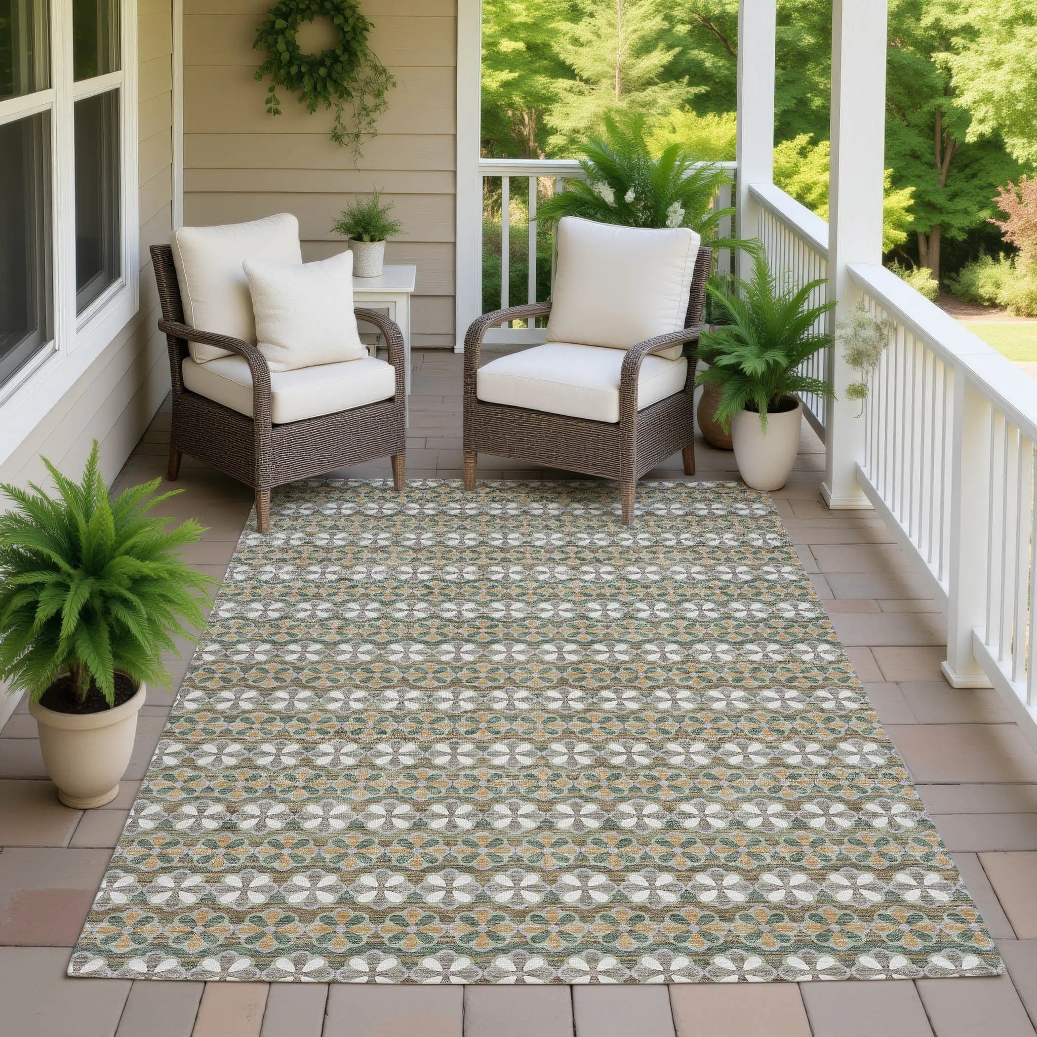 5' X 8' Green And Cream Striped Washable Indoor Outdoor Area Rug Homeroots Outdoor