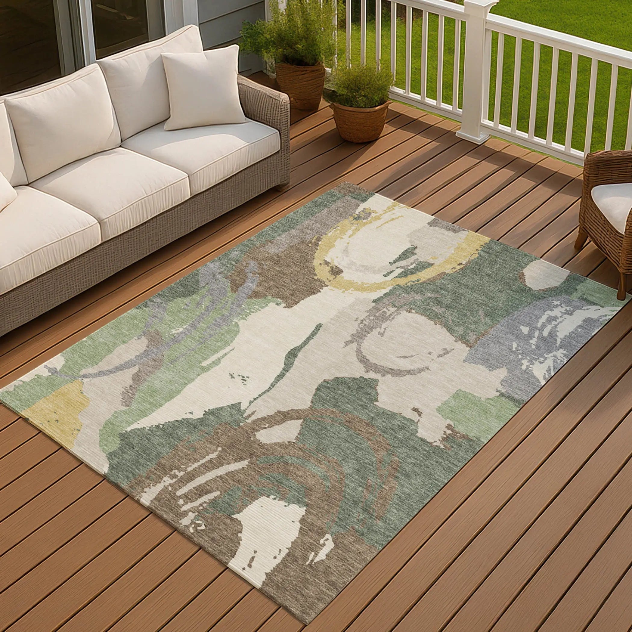 5' X 8' Green And Denim Blue Abstract Washable Indoor Outdoor Area Rug Homeroots Outdoor