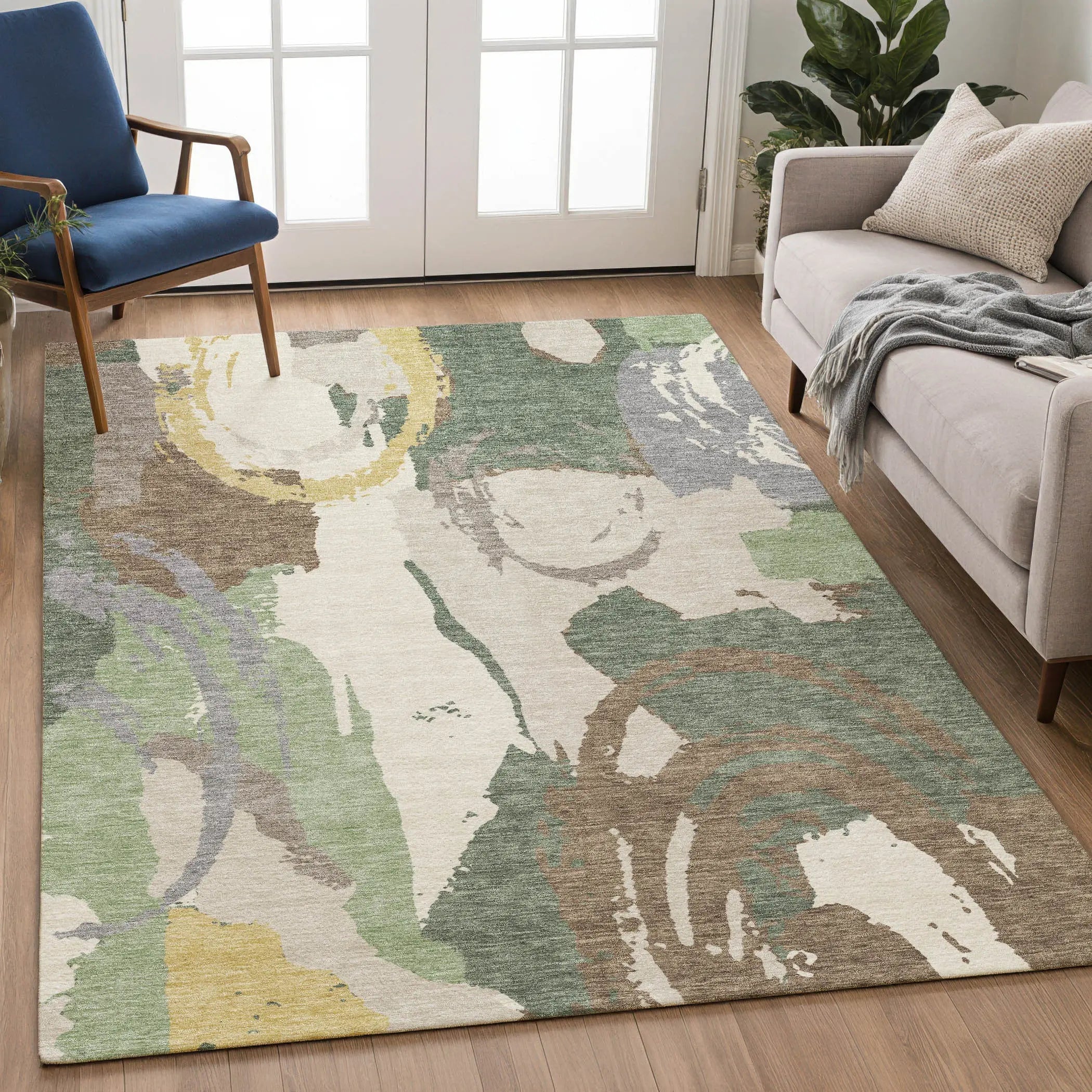 5' X 8' Green And Denim Blue Abstract Washable Indoor Outdoor Area Rug Homeroots Outdoor