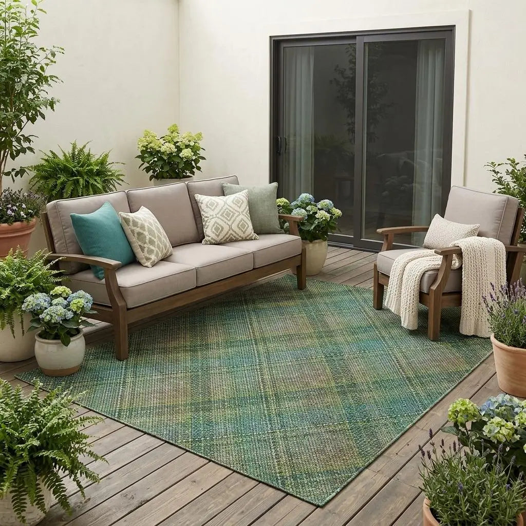 5' X 8' Green And Emerald Plaid Washable Indoor Outdoor Area Rug Homeroots Outdoor