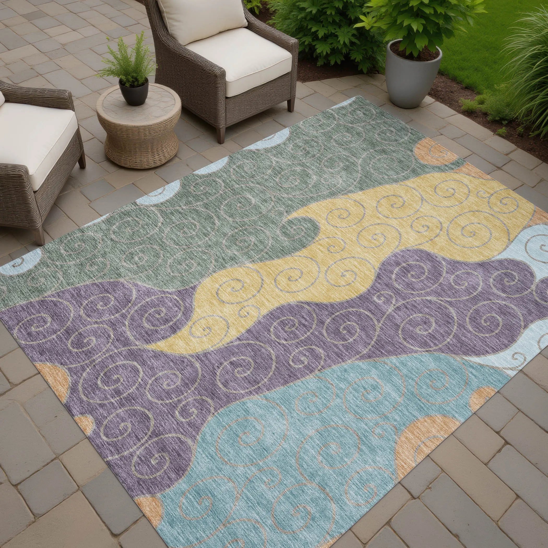 5' X 8' Green And Gold Abstract Washable Indoor Outdoor Area Rug Homeroots Outdoor