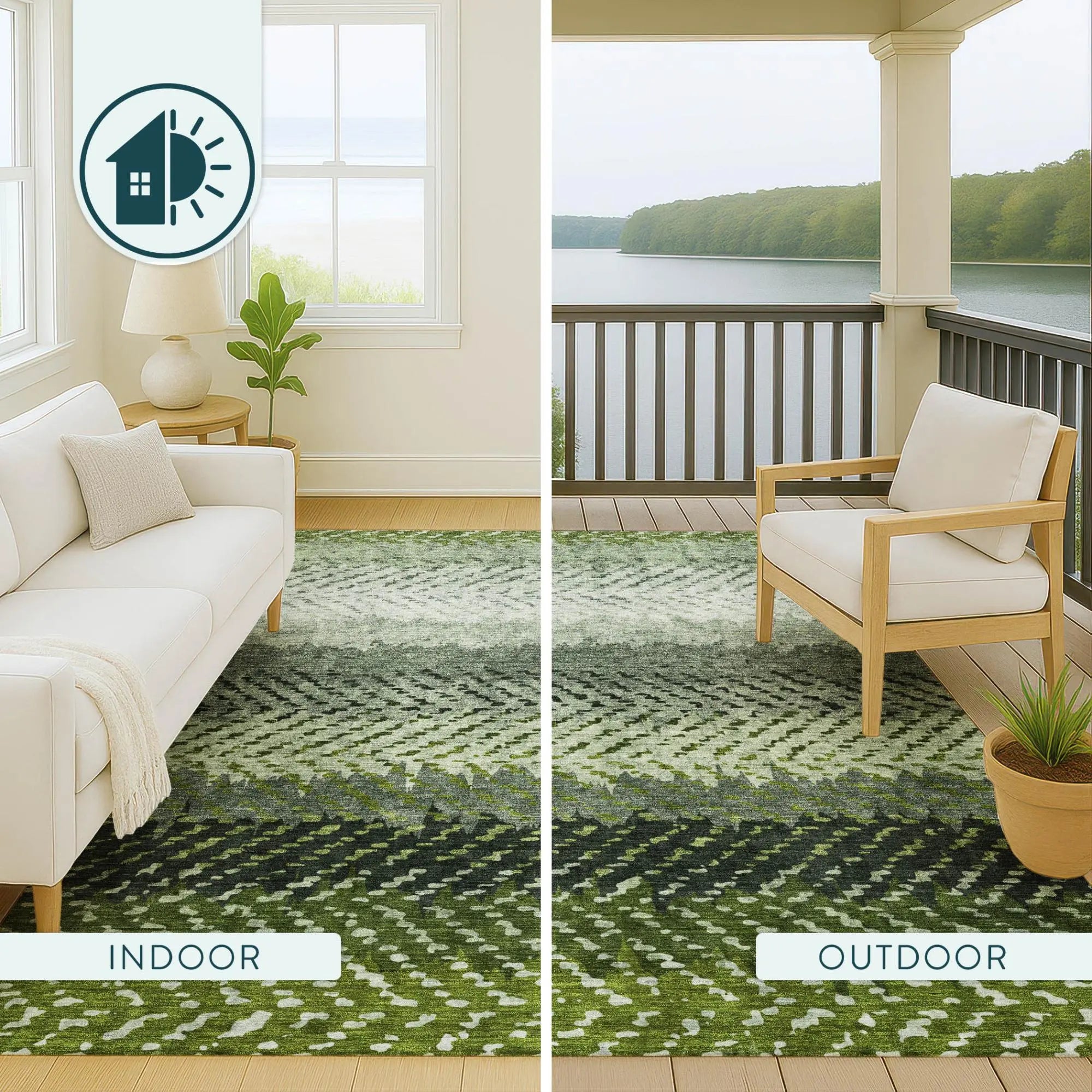 Green and cream geometric indoor/outdoor area rug, perfect for enhancing any living space or patio.