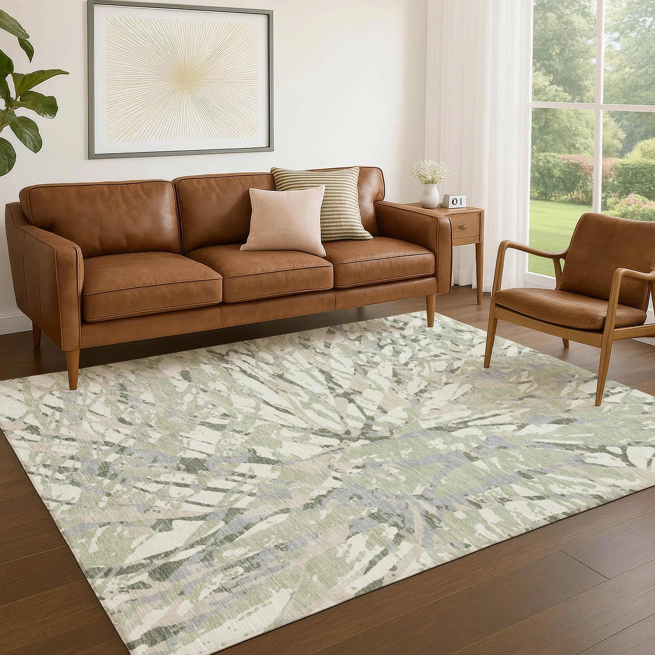5' X 8' Green And Ivory Abstract Washable Indoor Outdoor Area Rug Homeroots Outdoor