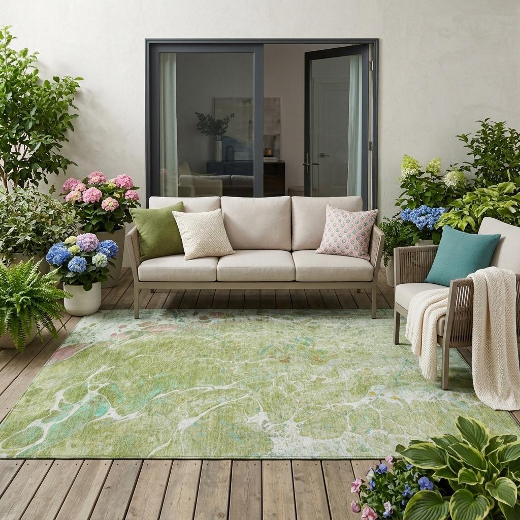 5' X 8' Green And Ivory Abstract Washable Indoor Outdoor Area Rug Homeroots Outdoor