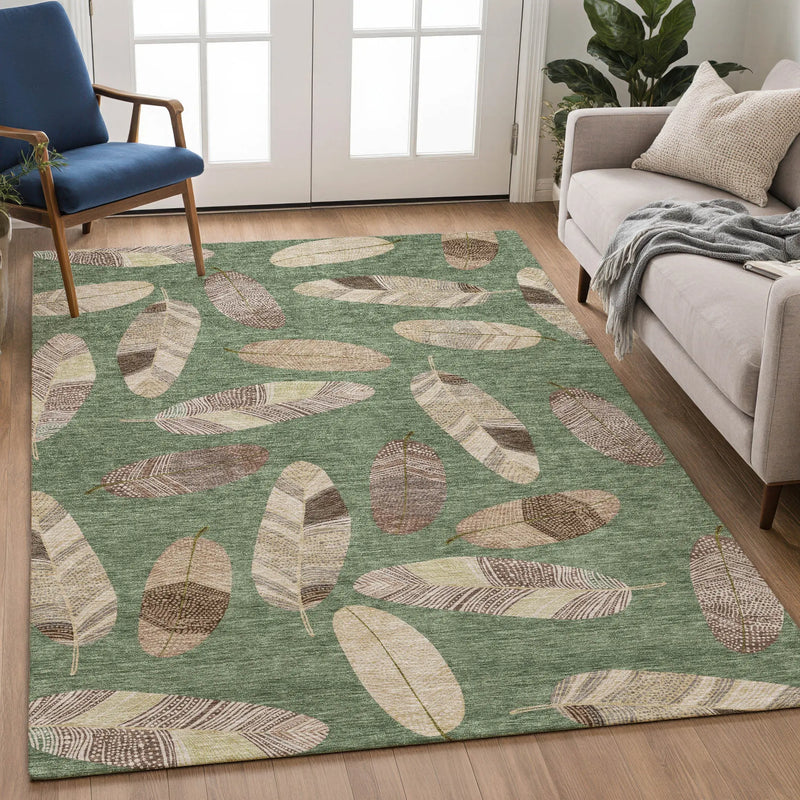 5' X 8' Green And Ivory Botanical Leaves Washable Indoor Outdoor Area Rug Homeroots Outdoor