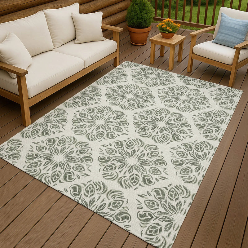5' X 8' Green And Ivory Damask Washable Indoor Outdoor Area Rug Homeroots Outdoor