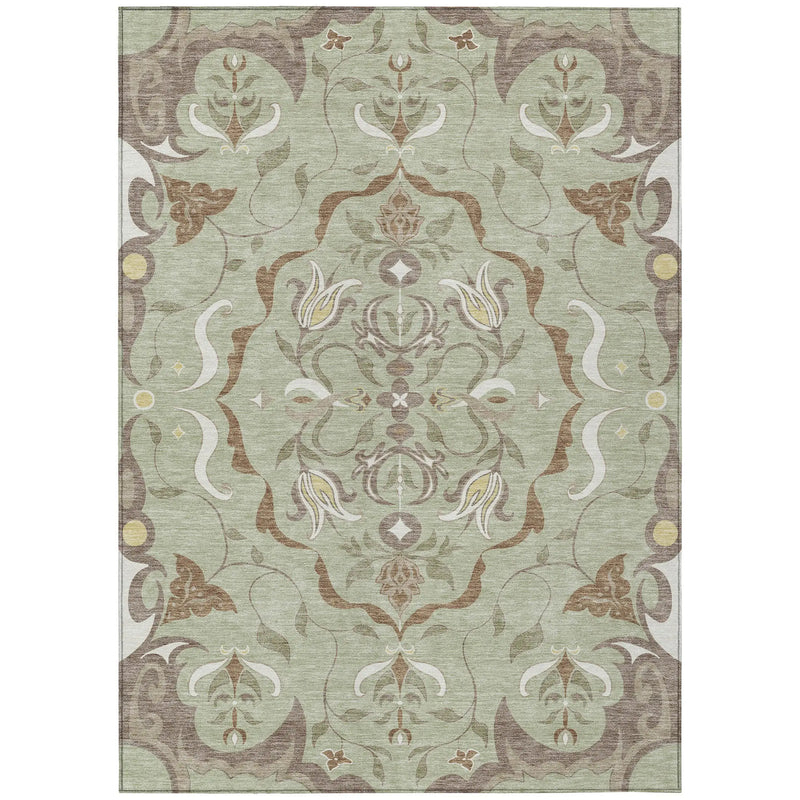 5' X 8' Green And Khaki Damask Washable Indoor Outdoor Area Rug Homeroots Outdoor
