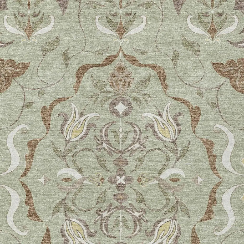 5' X 8' Green And Khaki Damask Washable Indoor Outdoor Area Rug Homeroots Outdoor