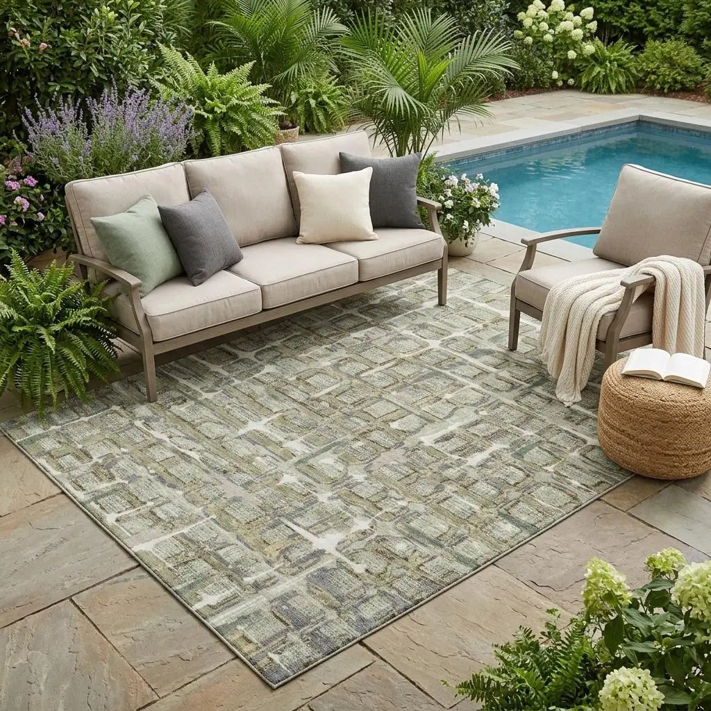 5' X 8' Green And Khaki Geometric Washable Indoor Outdoor Area Rug Homeroots Outdoor