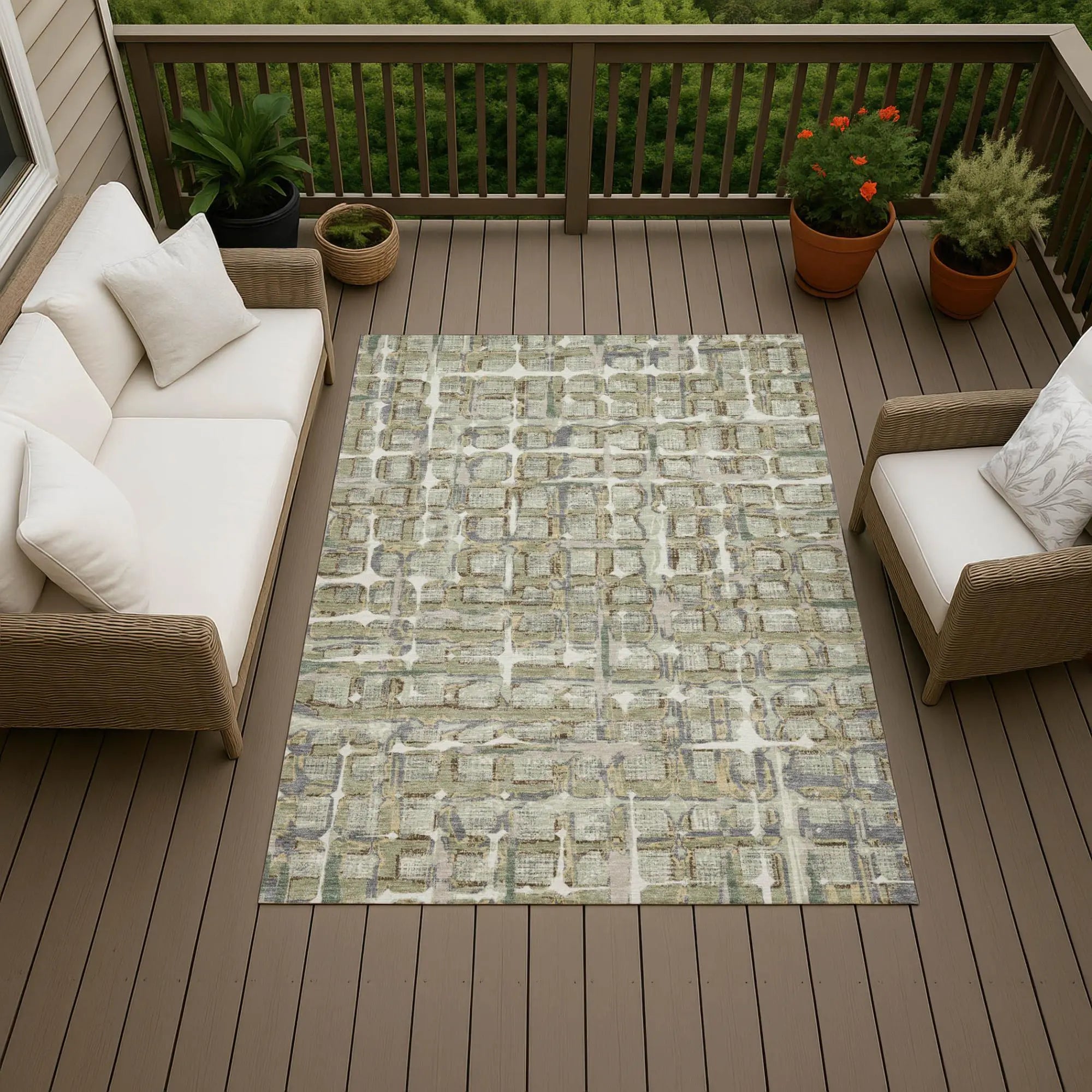 5' X 8' Green And Khaki Geometric Washable Indoor Outdoor Area Rug Homeroots Outdoor