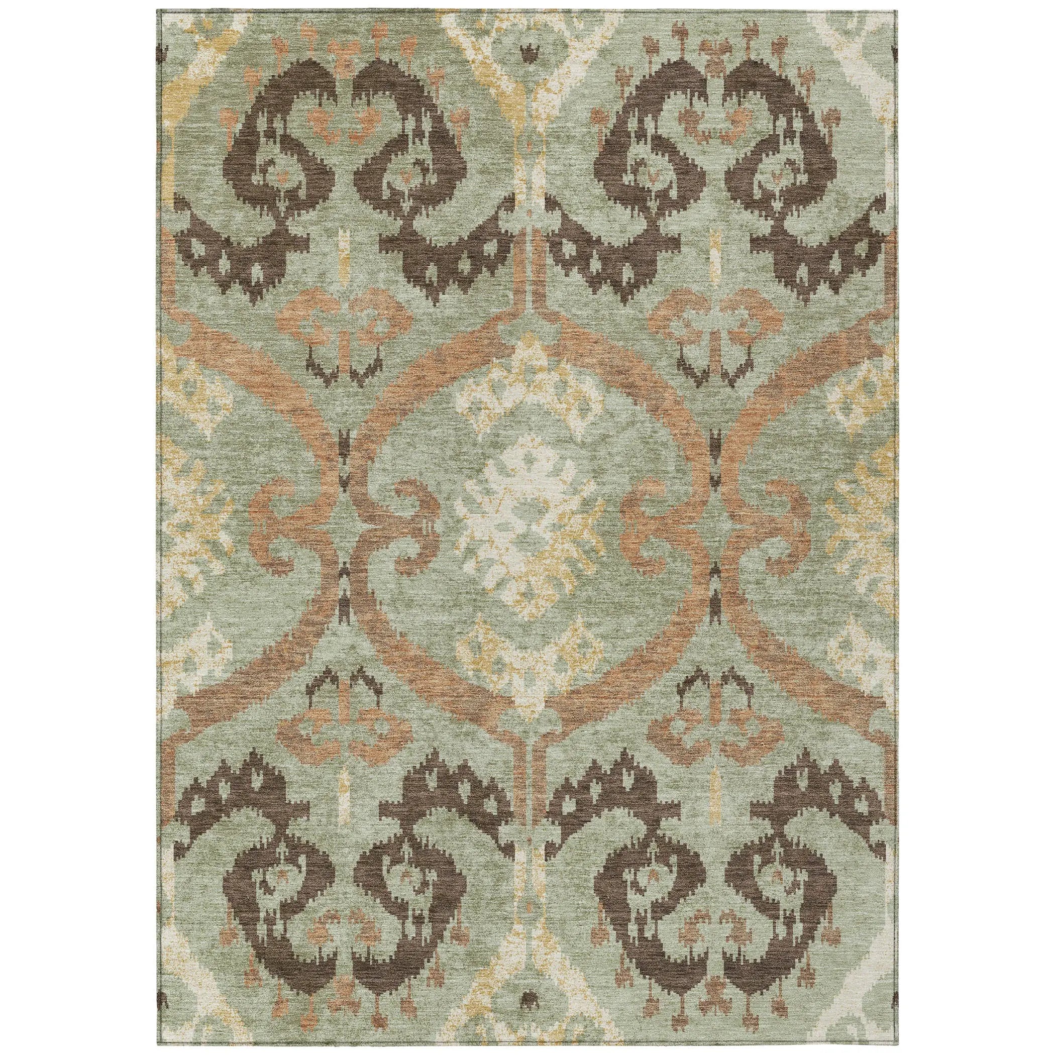 5' X 8' Green And Khaki Ikat Washable Indoor Outdoor Area Rug Homeroots Outdoor