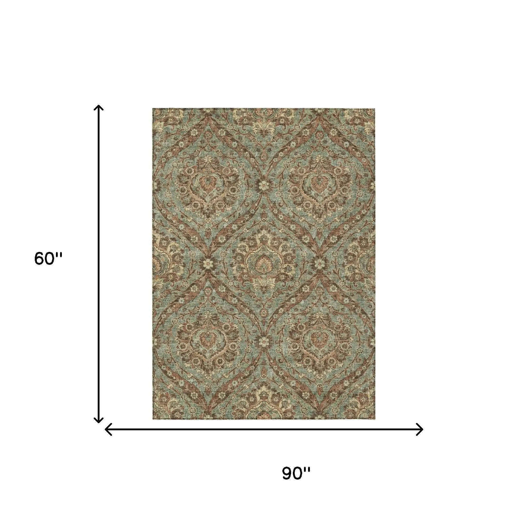 5' X 8' Green And Linen Floral Washable Indoor Outdoor Area Rug Homeroots Outdoor