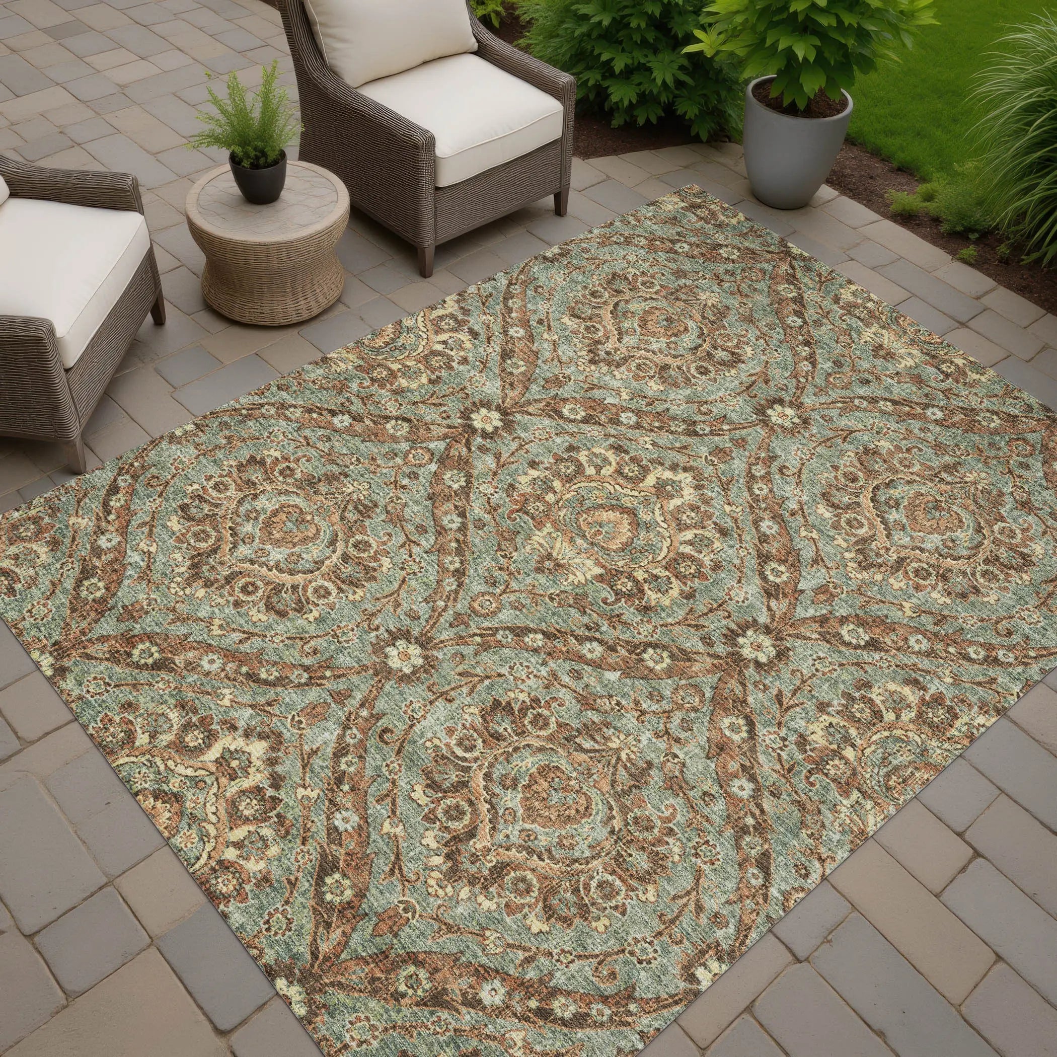 5' X 8' Green And Linen Floral Washable Indoor Outdoor Area Rug Homeroots Outdoor
