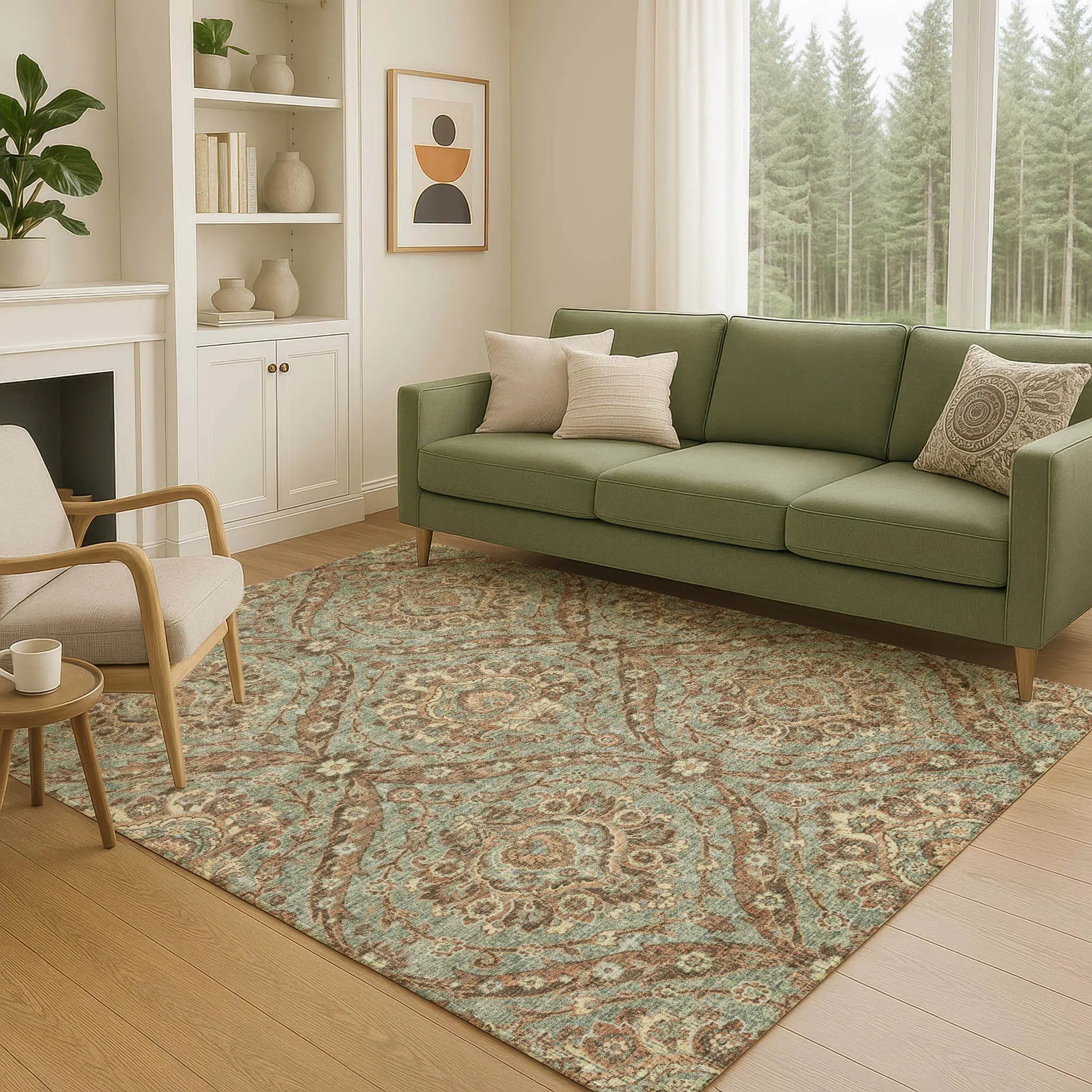 5' X 8' Green And Linen Floral Washable Indoor Outdoor Area Rug Homeroots Outdoor