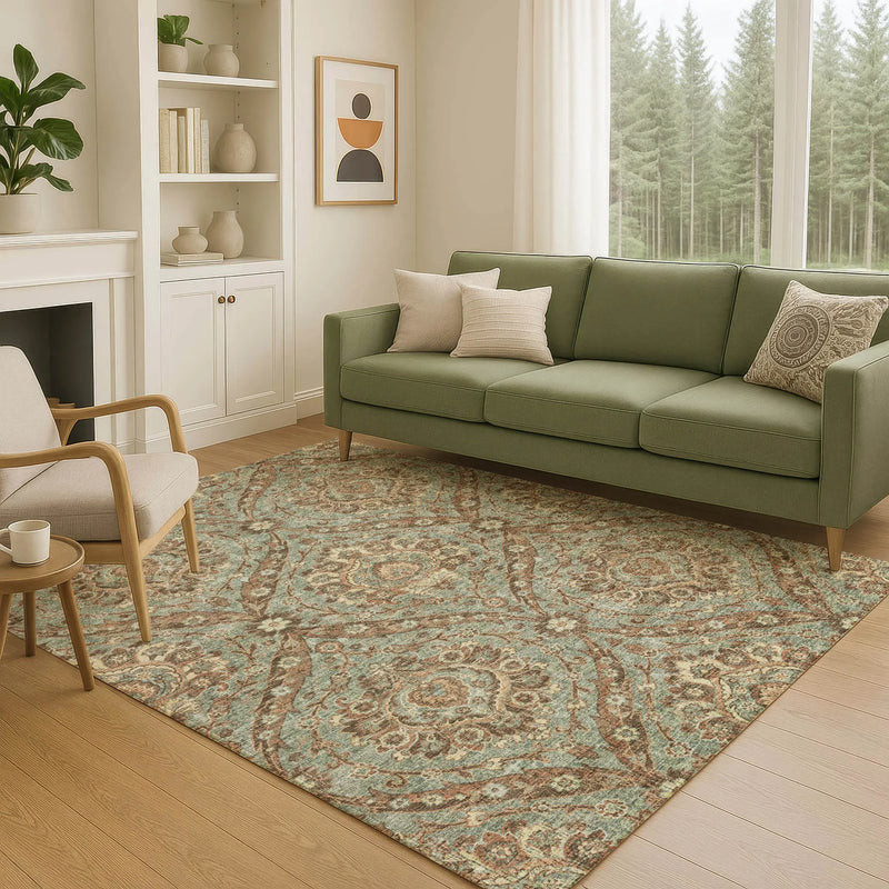 5' X 8' Green And Linen Floral Washable Indoor Outdoor Area Rug Homeroots Outdoor
