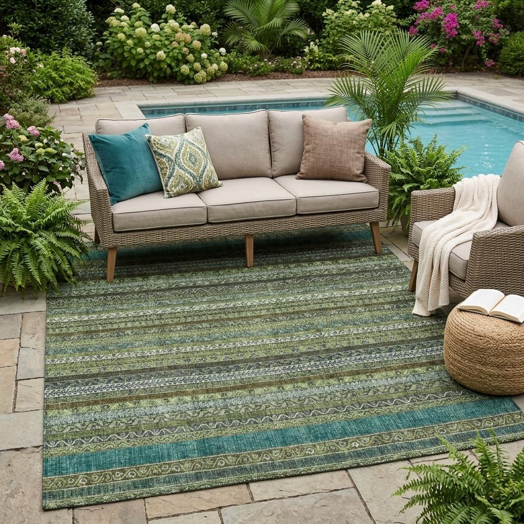 5' X 8' Green And Olive Green Striped Washable Indoor Outdoor Area Rug Homeroots Outdoor