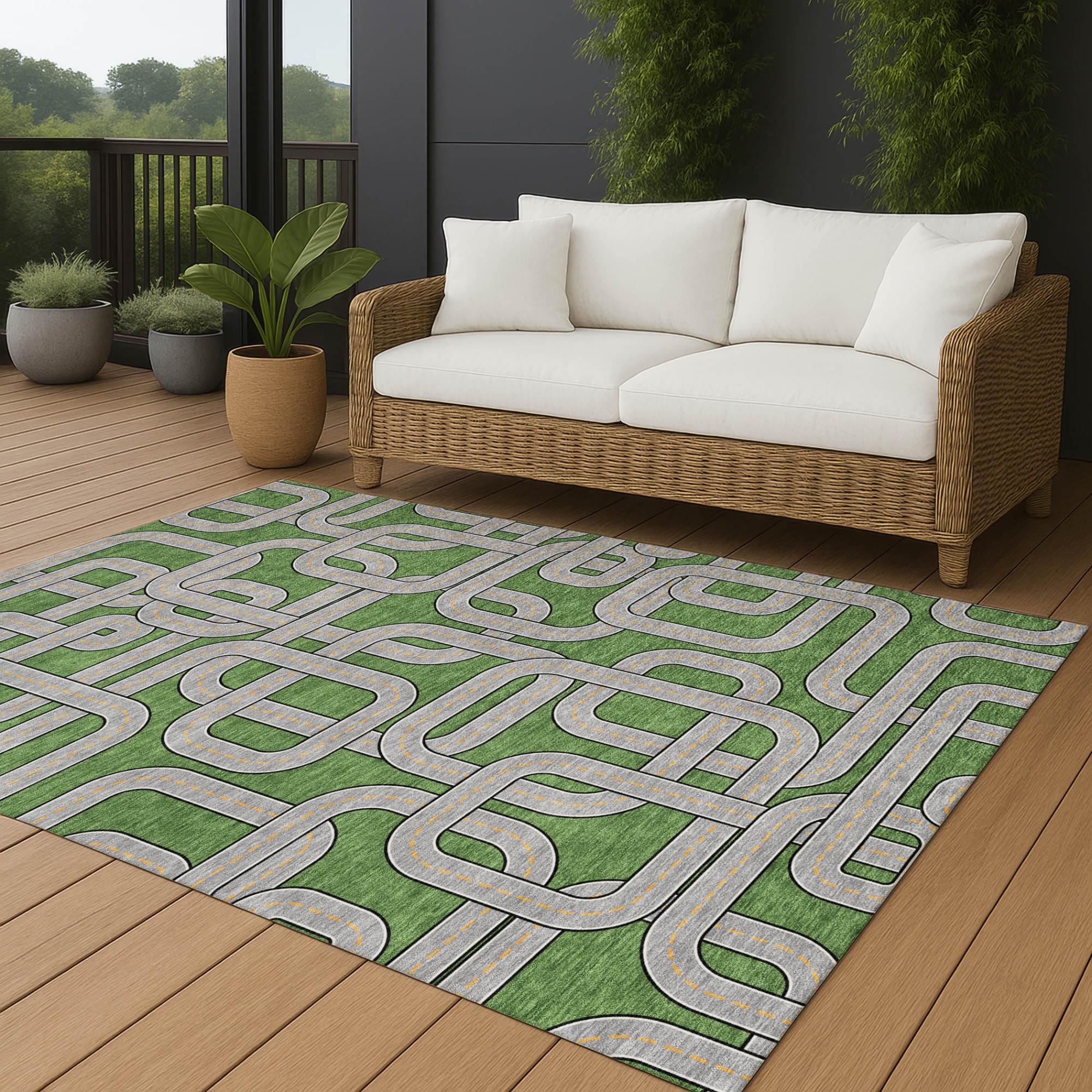 5' X 8' Green And Pewter Geometric Washable Indoor Outdoor Area Rug Homeroots Outdoor