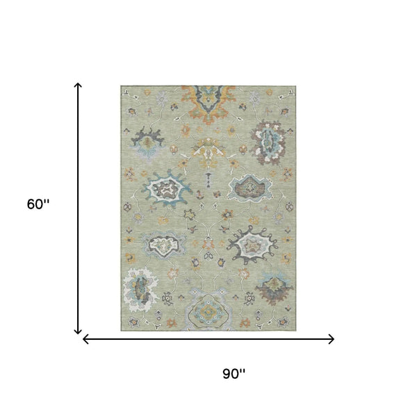 5' X 8' Green And Silver Oriental Washable Indoor Outdoor Area Rug Homeroots Outdoor