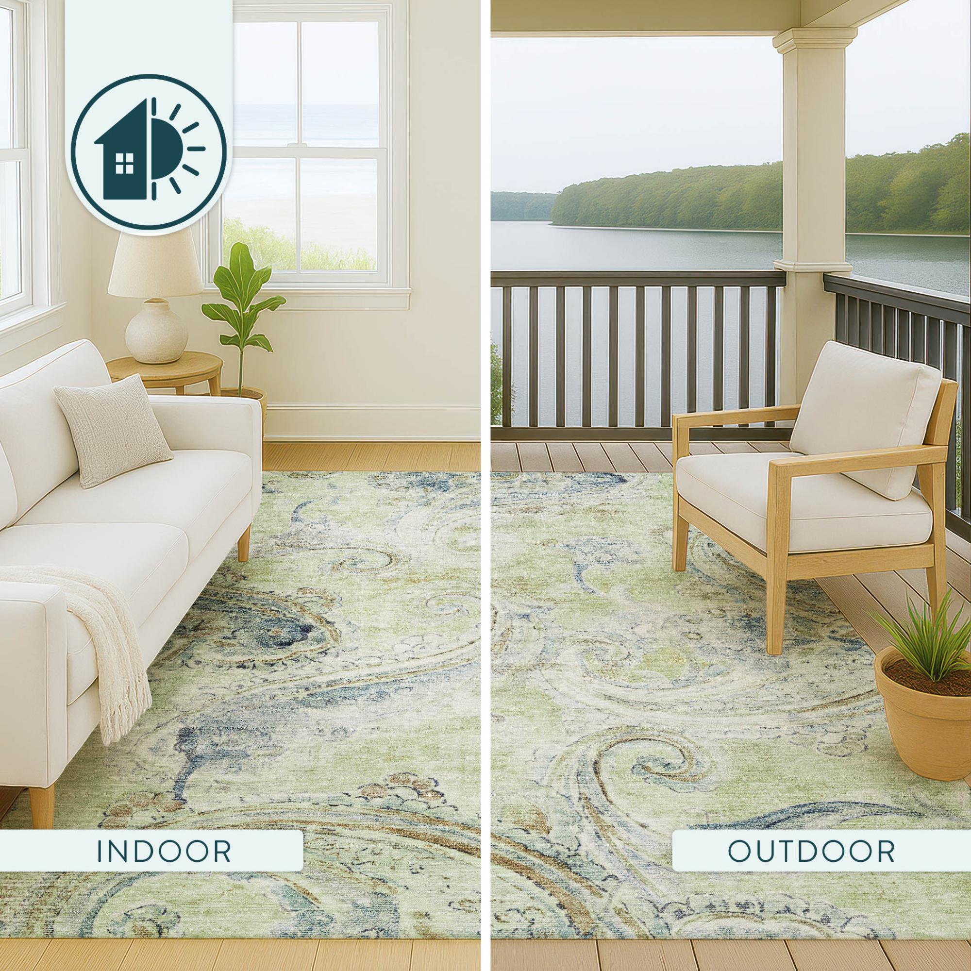 5' X 8' Green And Silver Paisley Washable Indoor Outdoor Area Rug Homeroots Outdoor