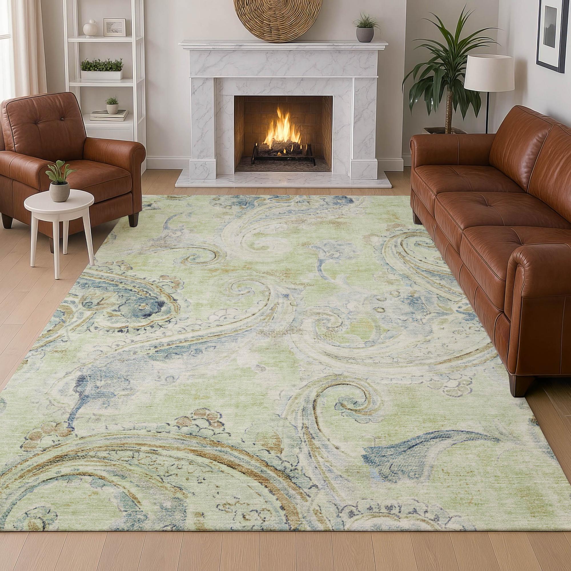 5' X 8' Green And Silver Paisley Washable Indoor Outdoor Area Rug Homeroots Outdoor