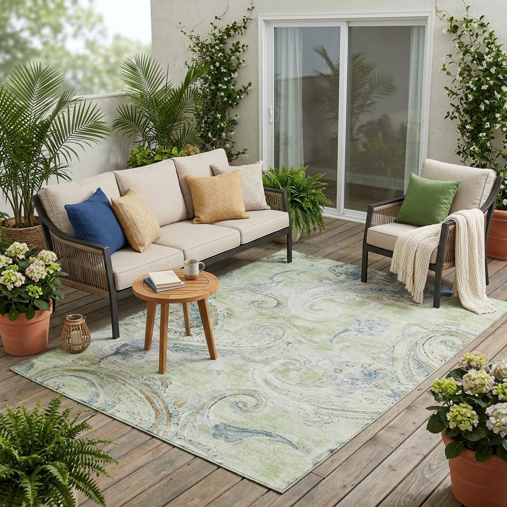 5' X 8' Green And Silver Paisley Washable Indoor Outdoor Area Rug Homeroots Outdoor