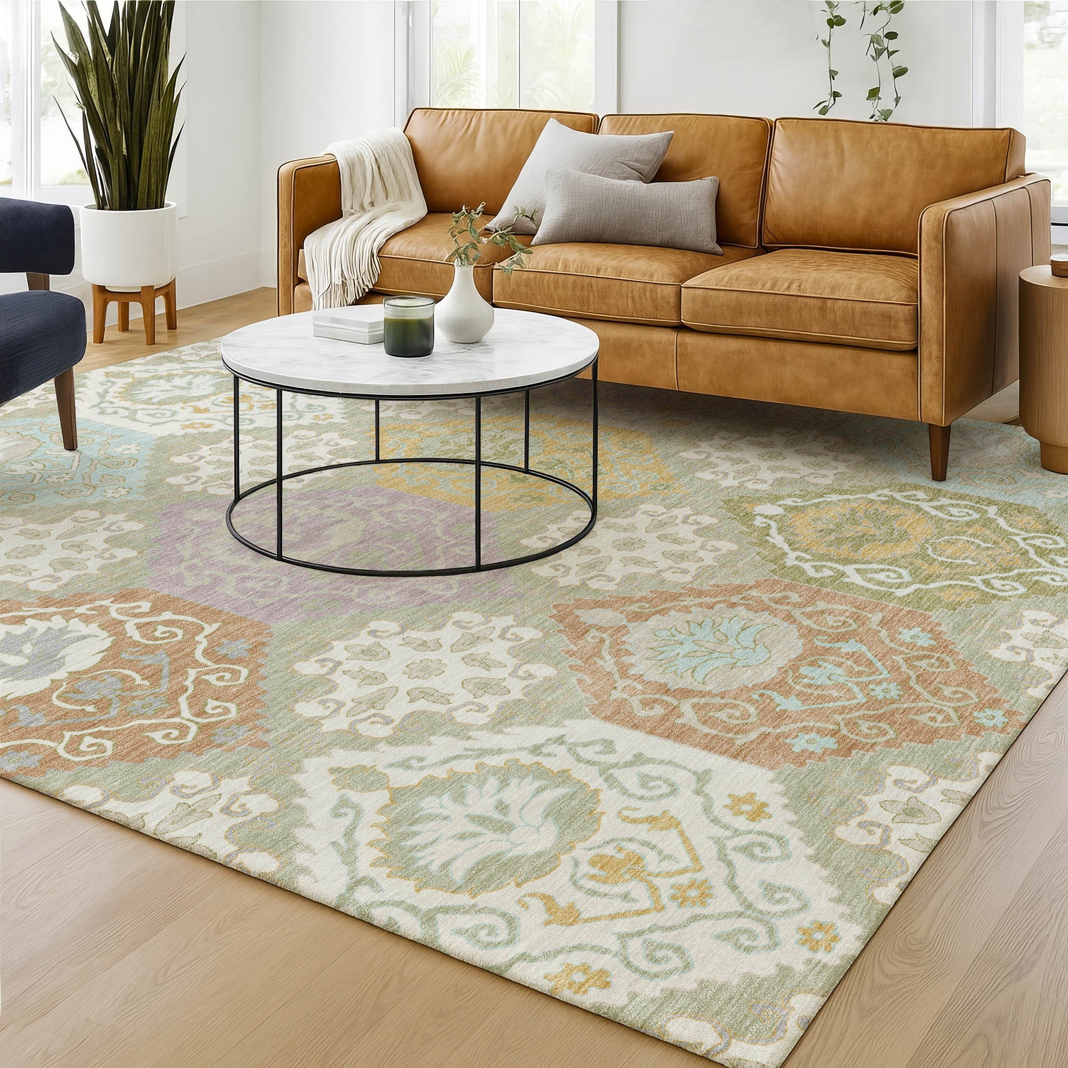 5' X 8' Green And Sky Blue Geometric Washable Indoor Outdoor Area Rug Homeroots Outdoor