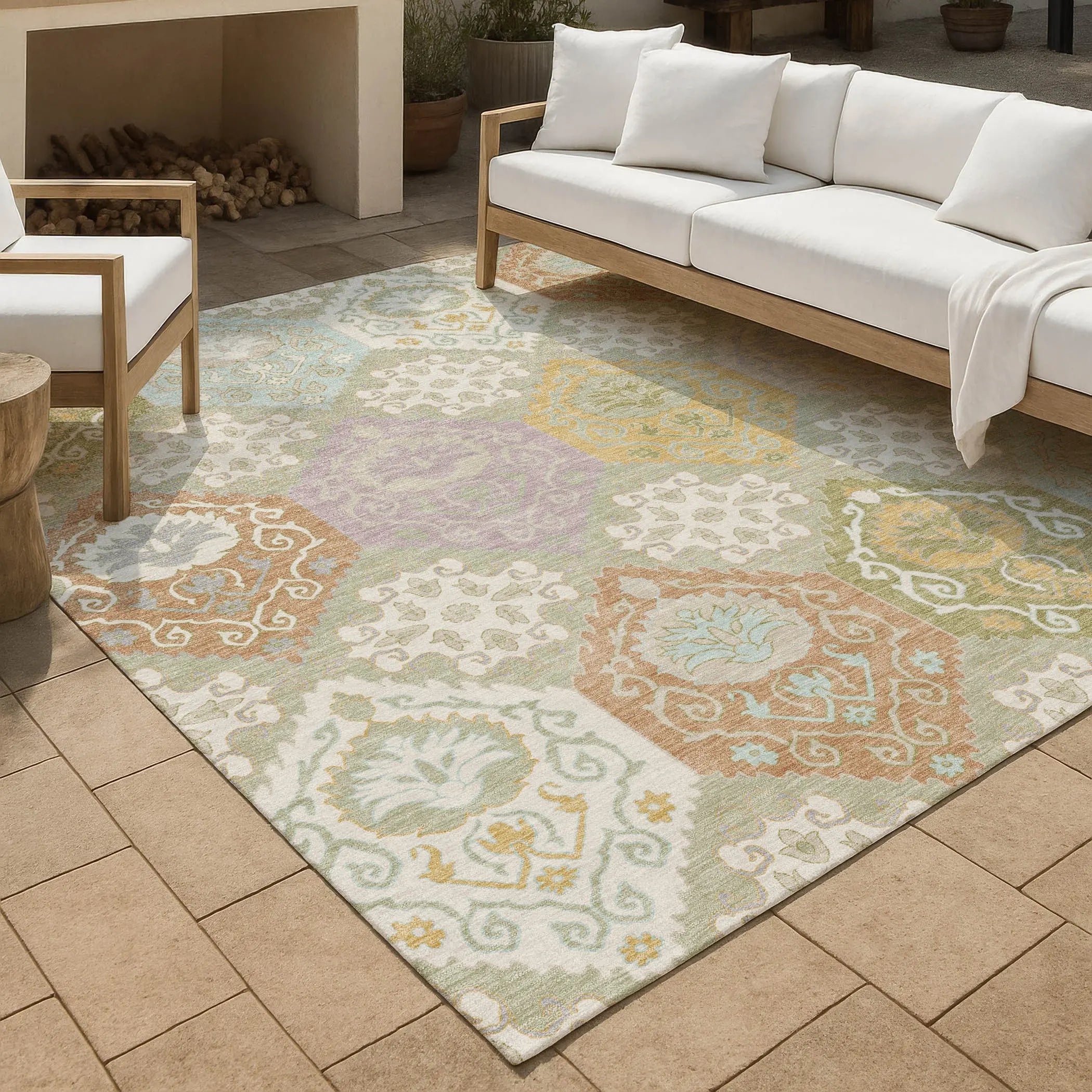 5' X 8' Green And Sky Blue Geometric Washable Indoor Outdoor Area Rug Homeroots Outdoor