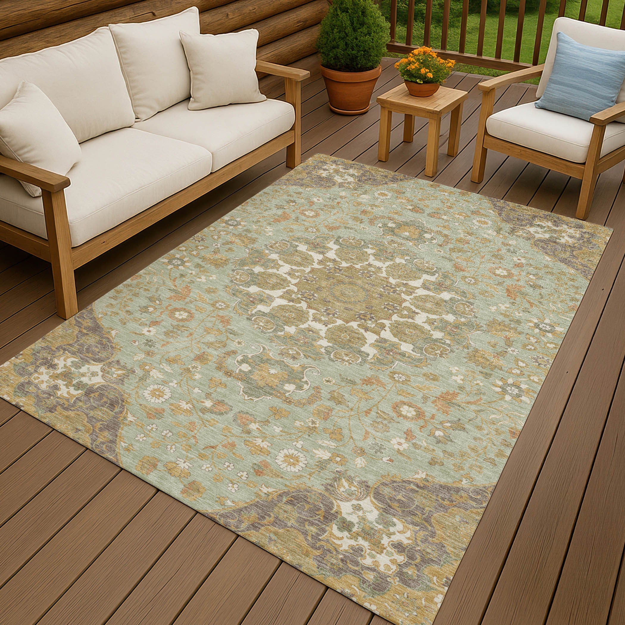 5' X 8' Green And Taupe Damask Washable Indoor Outdoor Area Rug Homeroots Outdoor