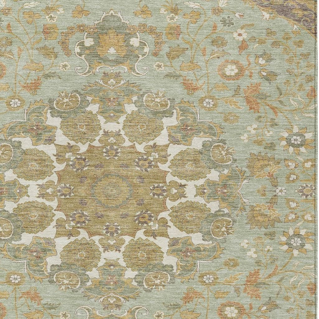 5' X 8' Green And Taupe Damask Washable Indoor Outdoor Area Rug Homeroots Outdoor