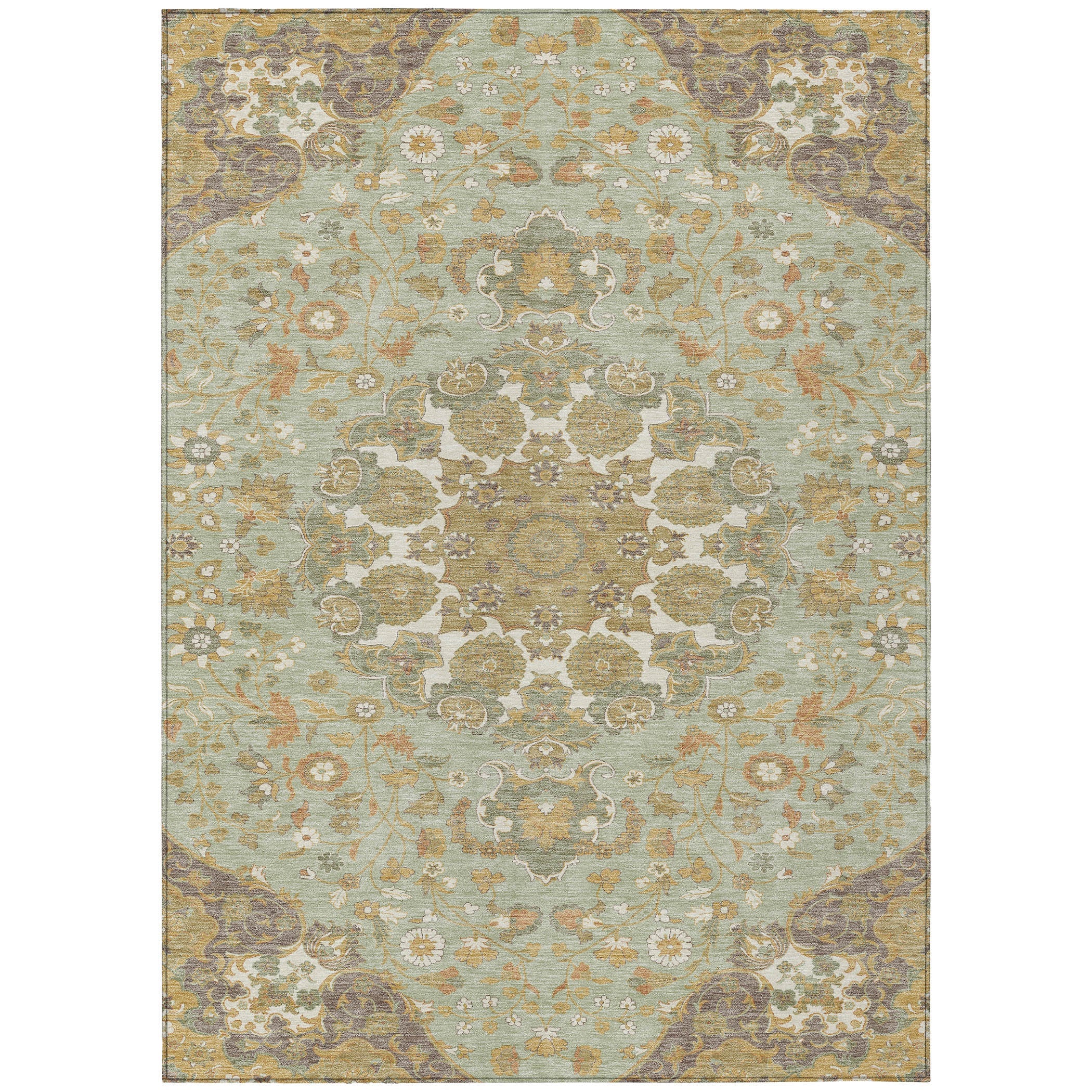 5' X 8' Green And Taupe Damask Washable Indoor Outdoor Area Rug Homeroots Outdoor