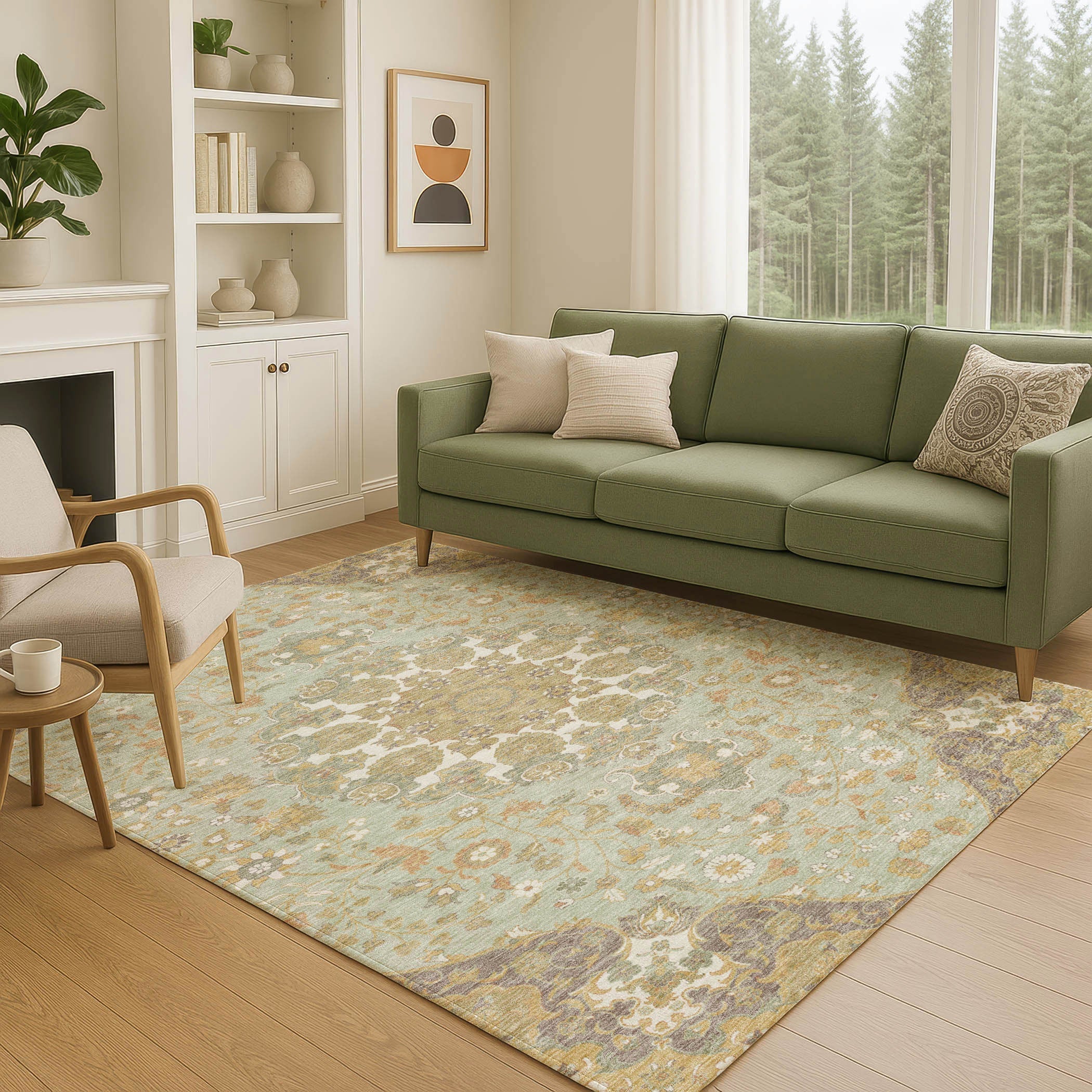 5' X 8' Green And Taupe Damask Washable Indoor Outdoor Area Rug Homeroots Outdoor