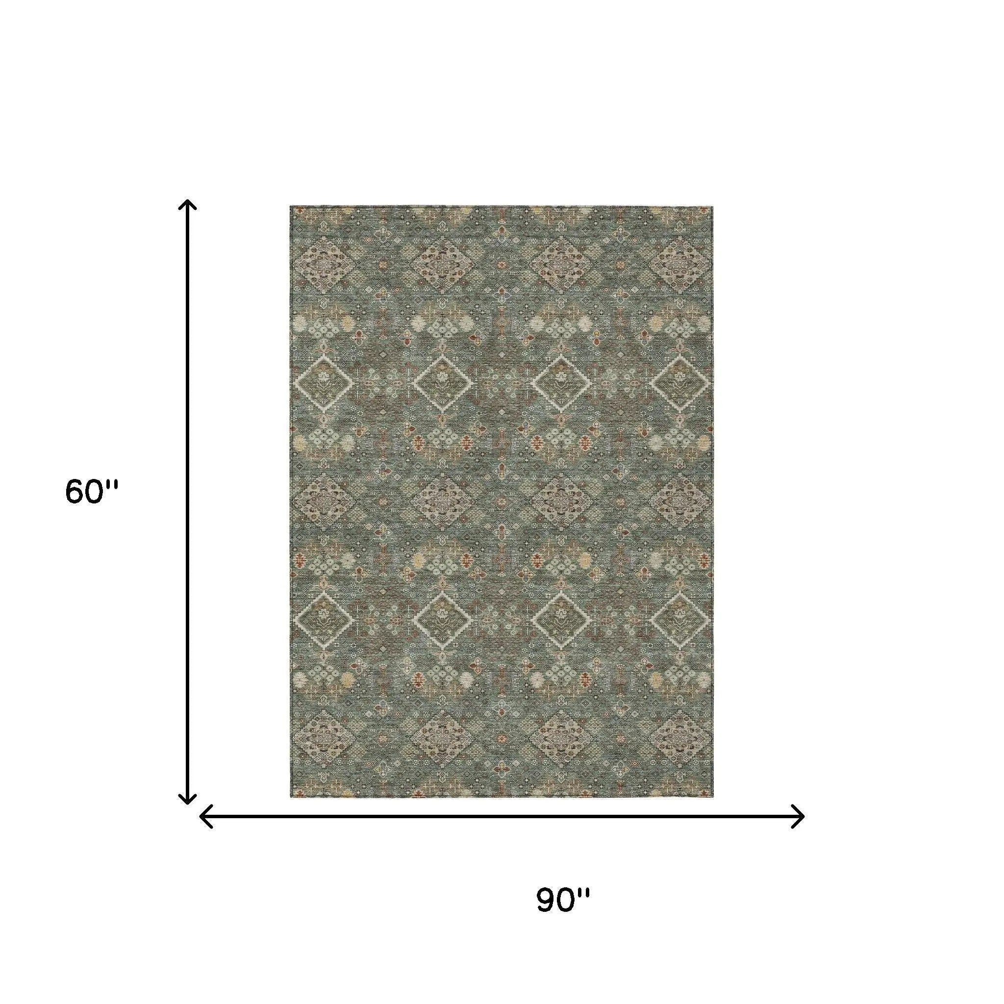 5' X 8' Green And Taupe Geometric Washable Indoor Outdoor Area Rug Homeroots Outdoor