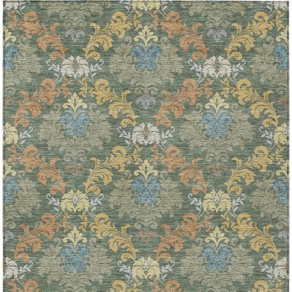 5' X 8' Green And Teal Blue Damask Washable Indoor Outdoor Area Rug Homeroots Outdoor