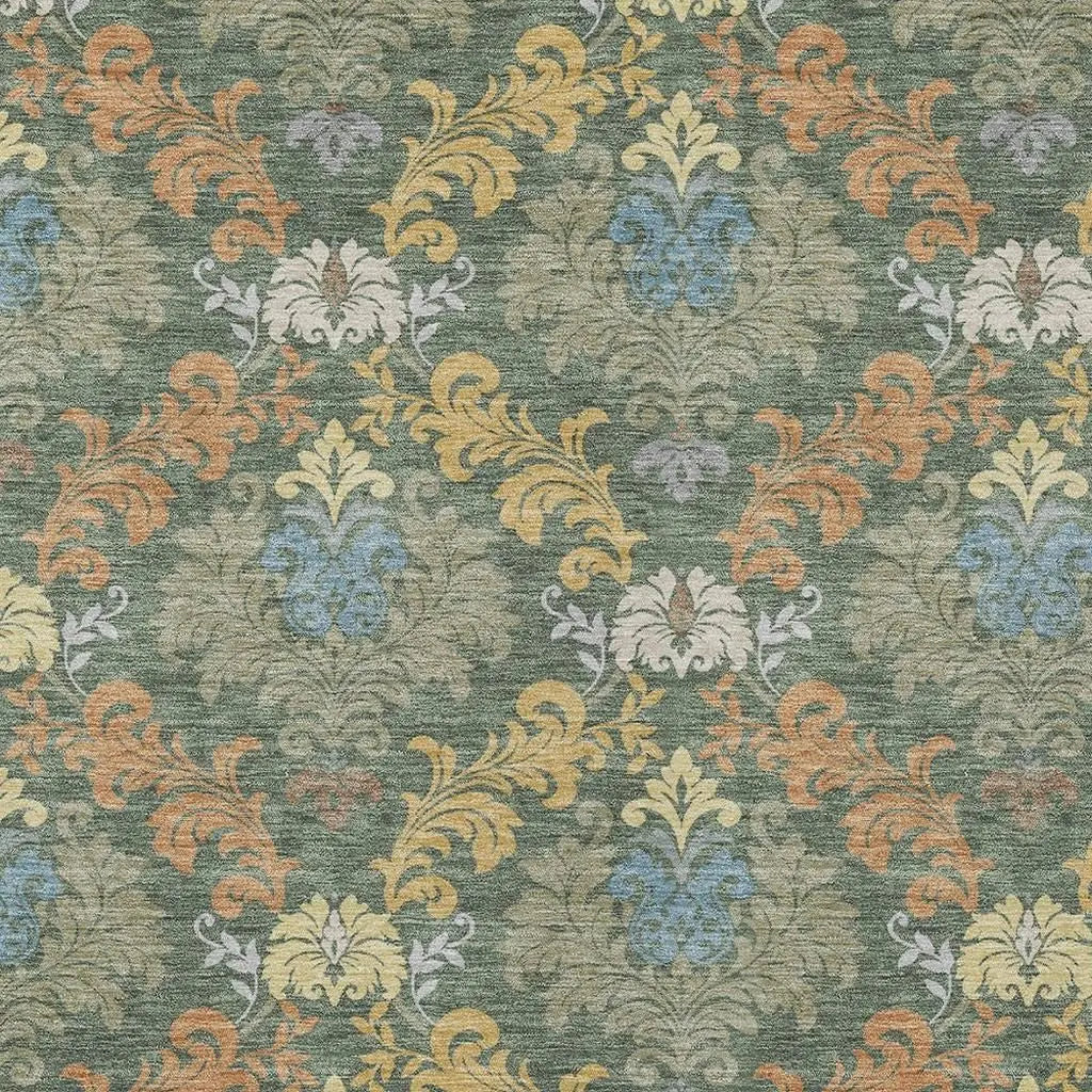 5' X 8' Green And Teal Blue Damask Washable Indoor Outdoor Area Rug Homeroots Outdoor